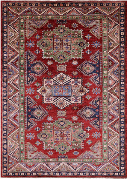 Red Super Kazak Handmade Wool Rug - 5' 9" X 7' 10" - Golden Nile