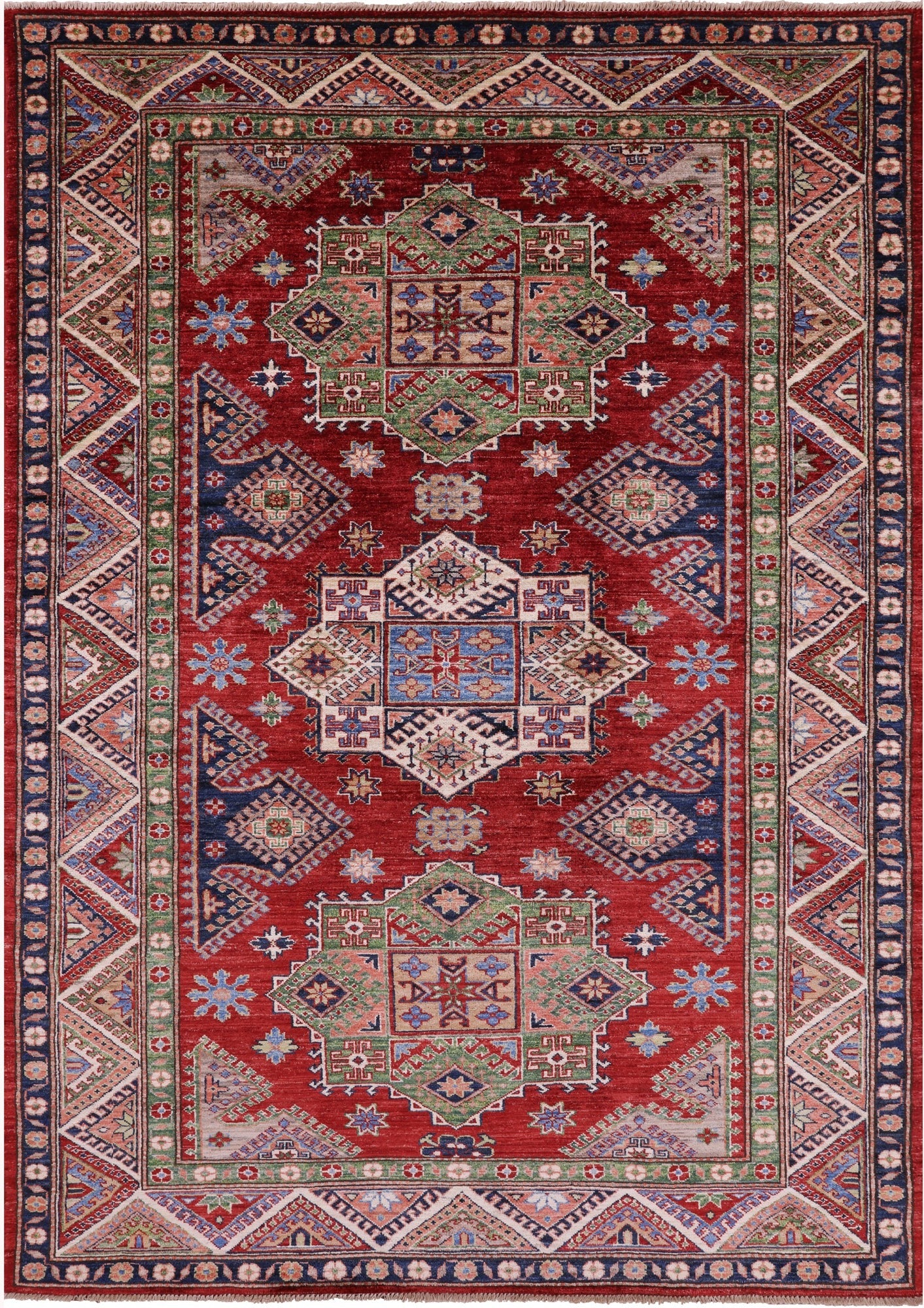 Red Super Kazak Handmade Wool Rug - 5' 9" X 7' 10" - Golden Nile
