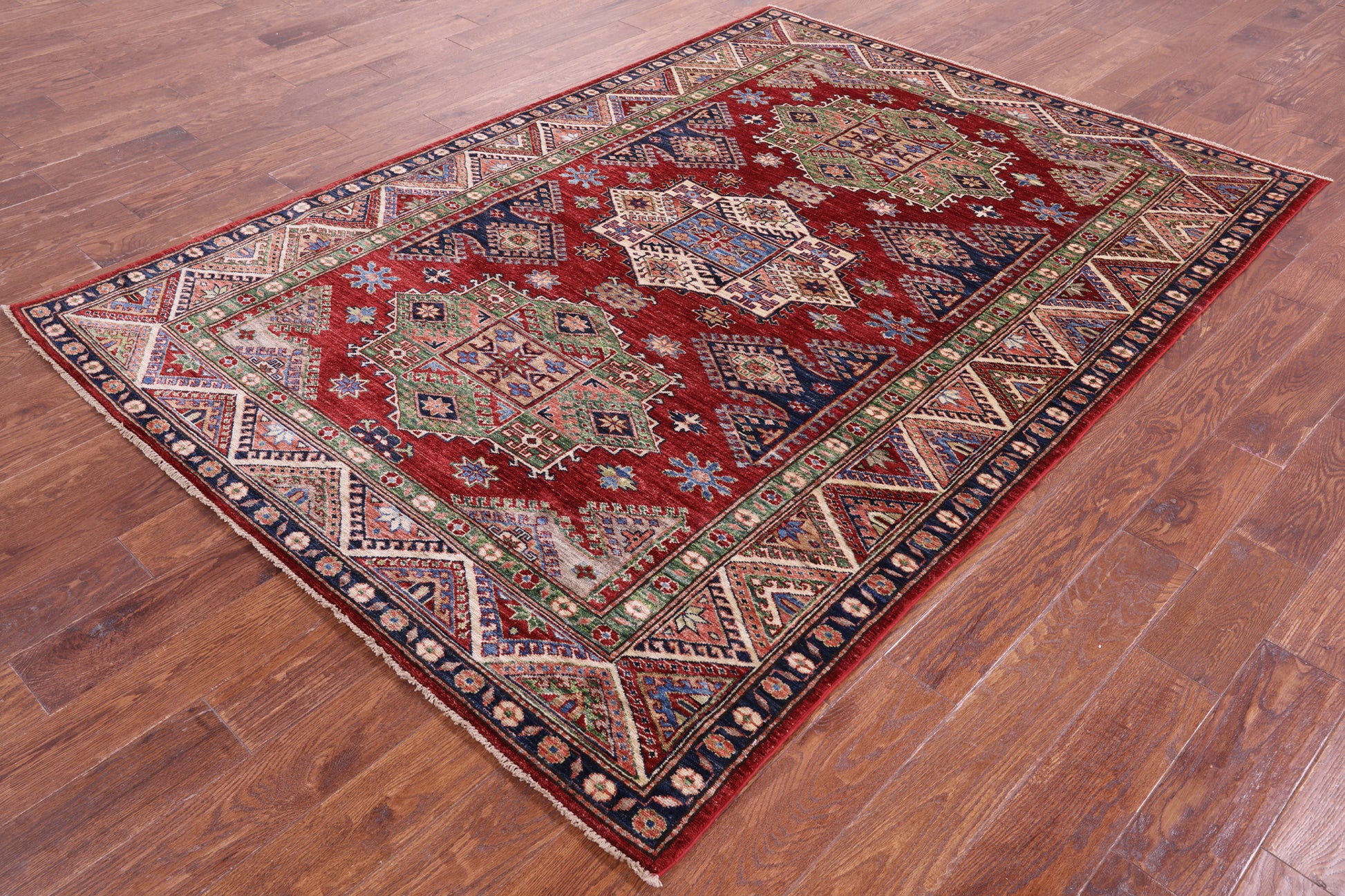 Red Super Kazak Handmade Wool Rug - 5' 9" X 7' 10" - Golden Nile
