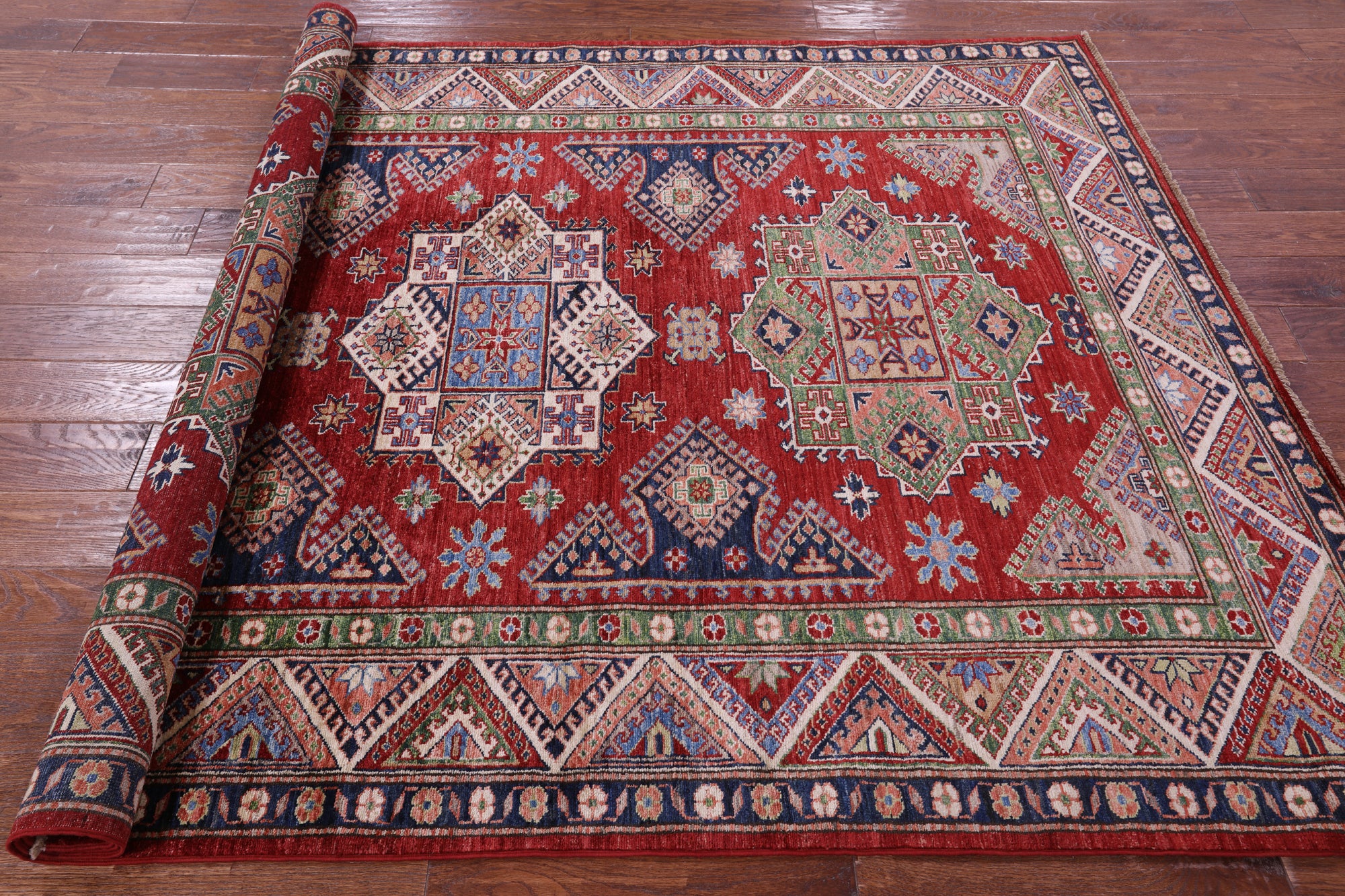Red Super Kazak Handmade Wool Rug - 5' 9" X 7' 10" - Golden Nile
