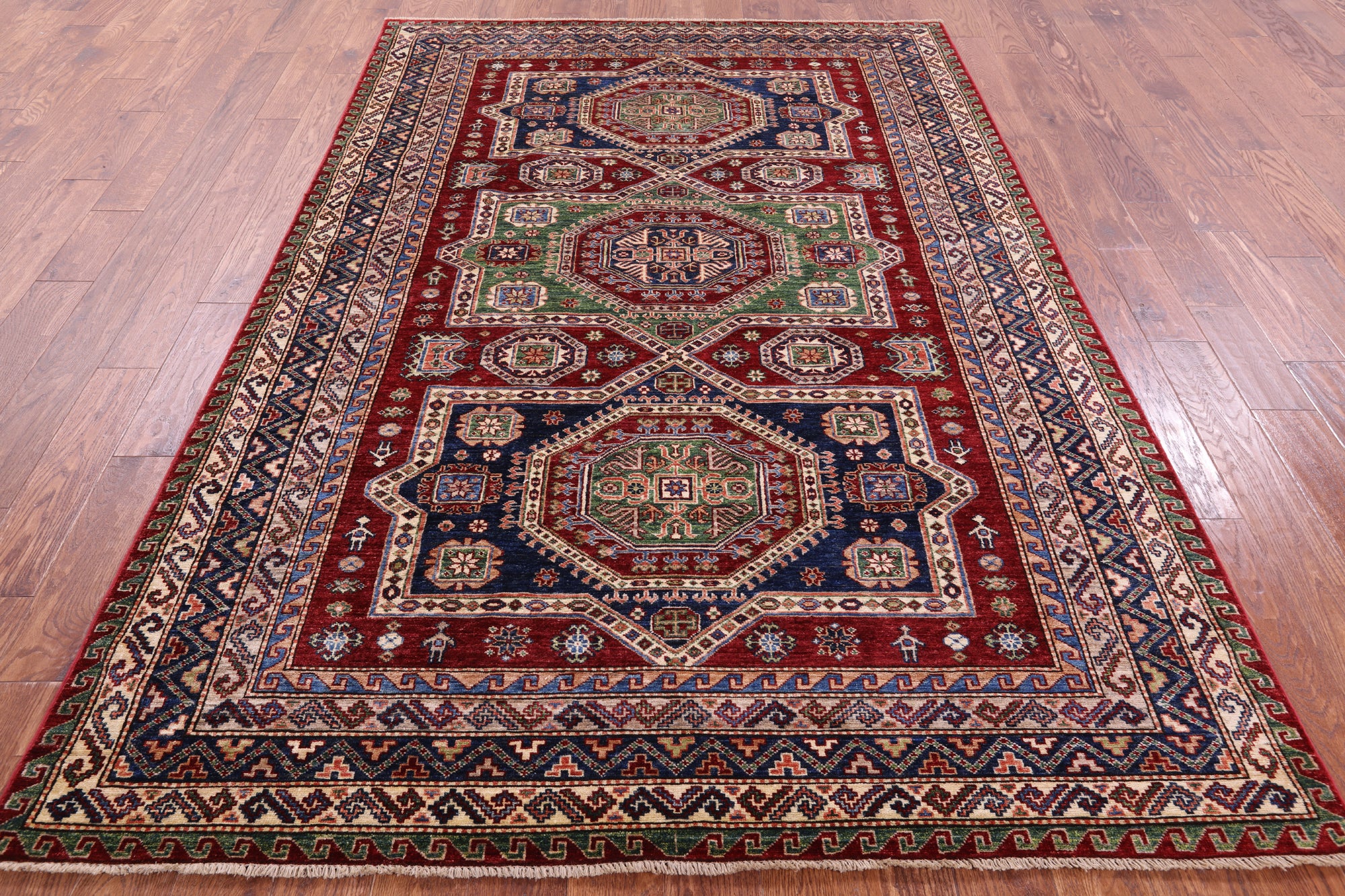 Red Super Kazak Hand Knotted Wool Rug - 6' 0" X 8' 10" - Golden Nile