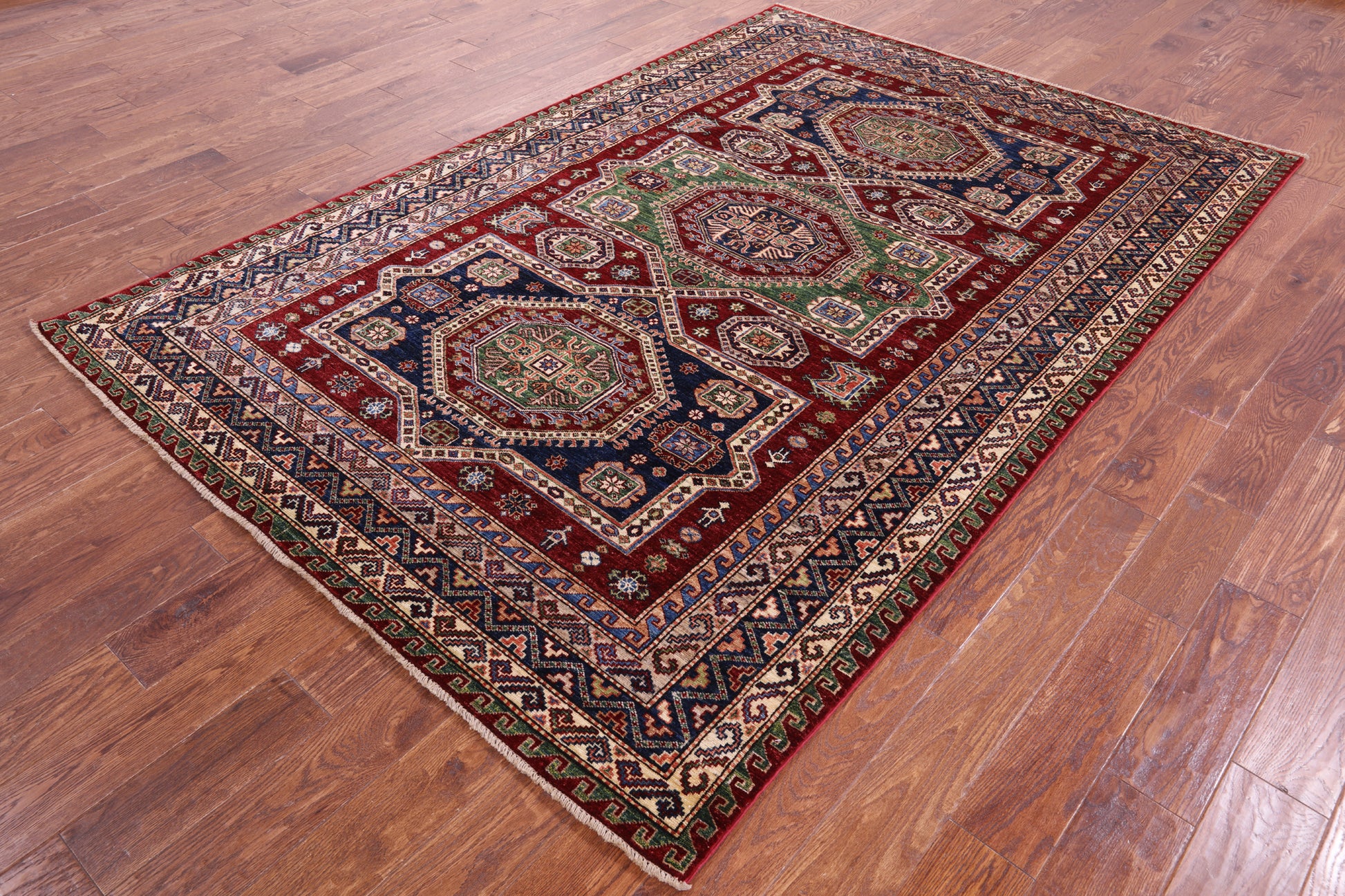Red Super Kazak Hand Knotted Wool Rug - 6' 0" X 8' 10" - Golden Nile