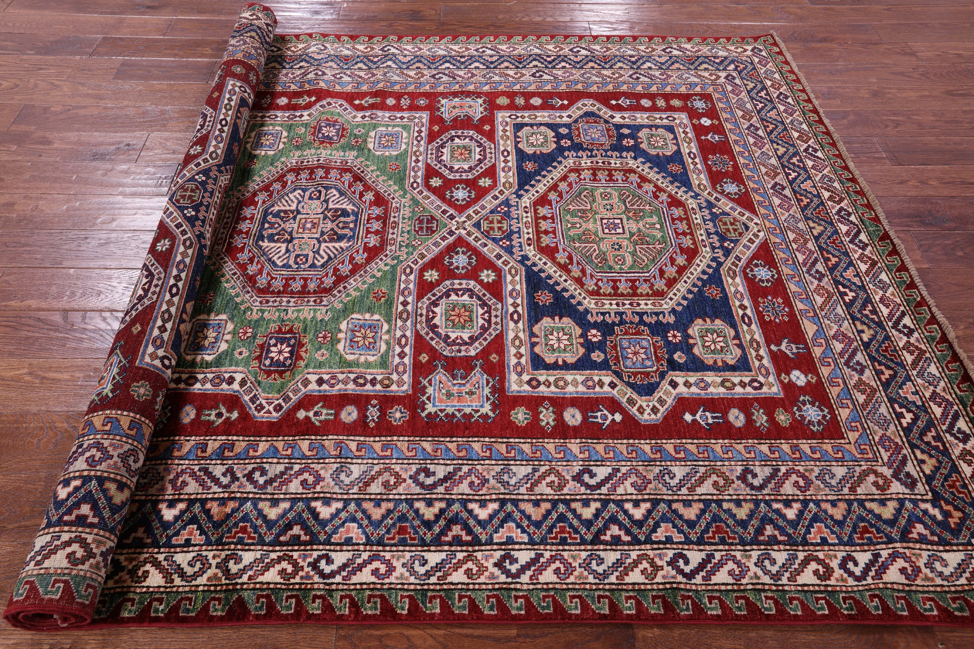 Red Super Kazak Hand Knotted Wool Rug - 6' 0" X 8' 10" - Golden Nile