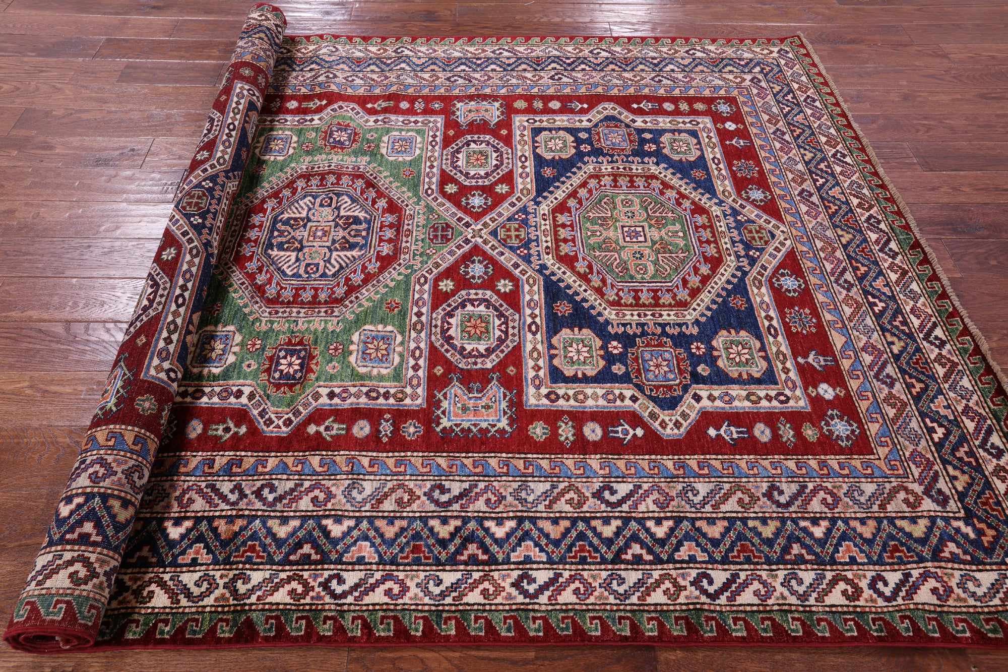 Red Super Kazak Hand Knotted Wool Rug - 6' 0" X 8' 10" - Golden Nile