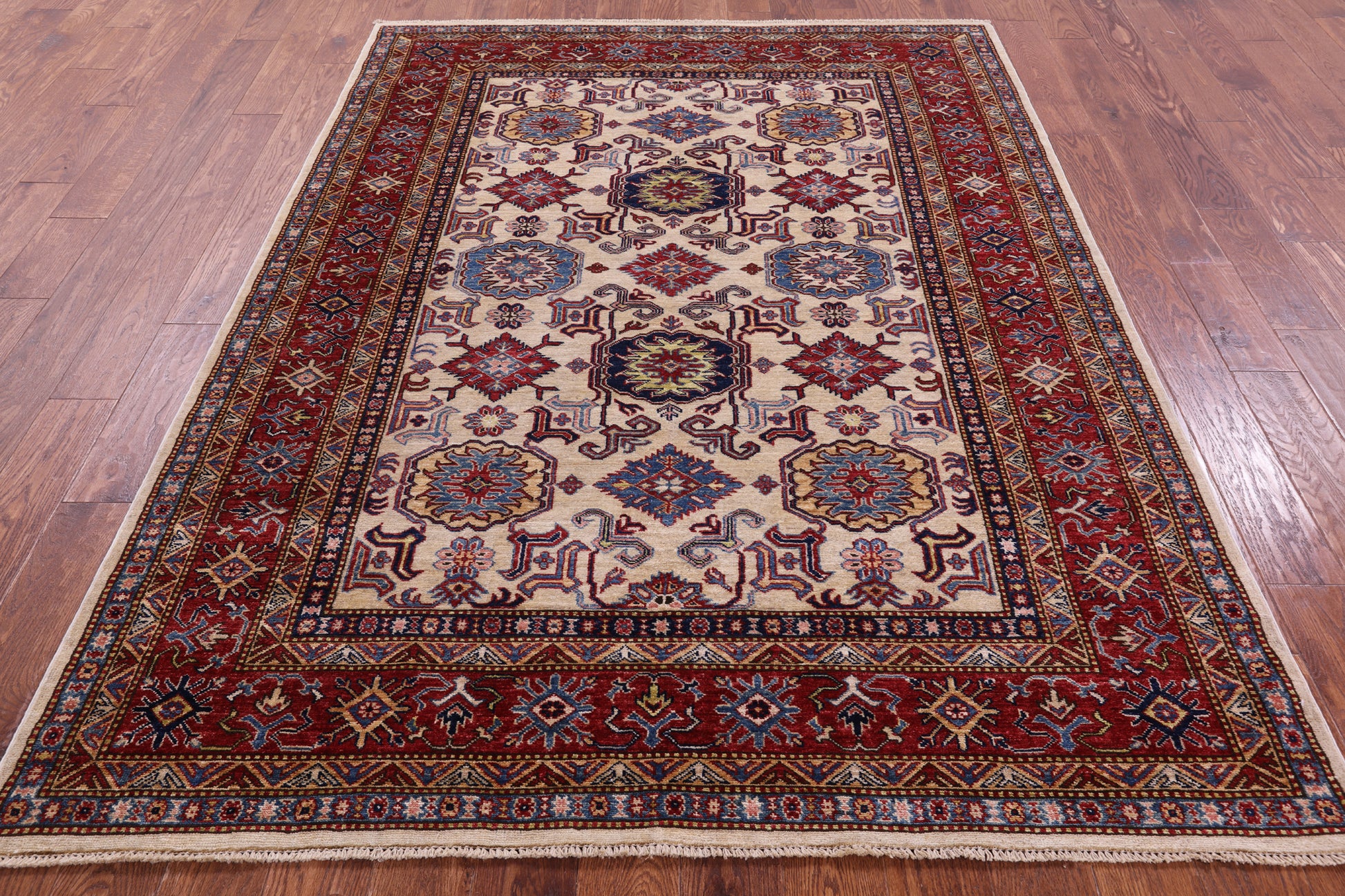 Ivory Super Kazak Hand Knotted Wool Rug - 5' 10" X 7' 9" - Golden Nile