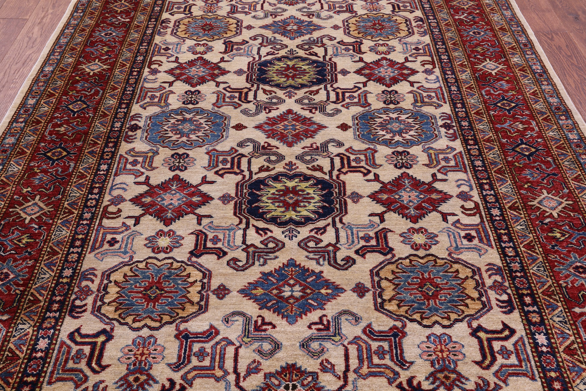 Ivory Super Kazak Hand Knotted Wool Rug - 5' 10" X 7' 9" - Golden Nile
