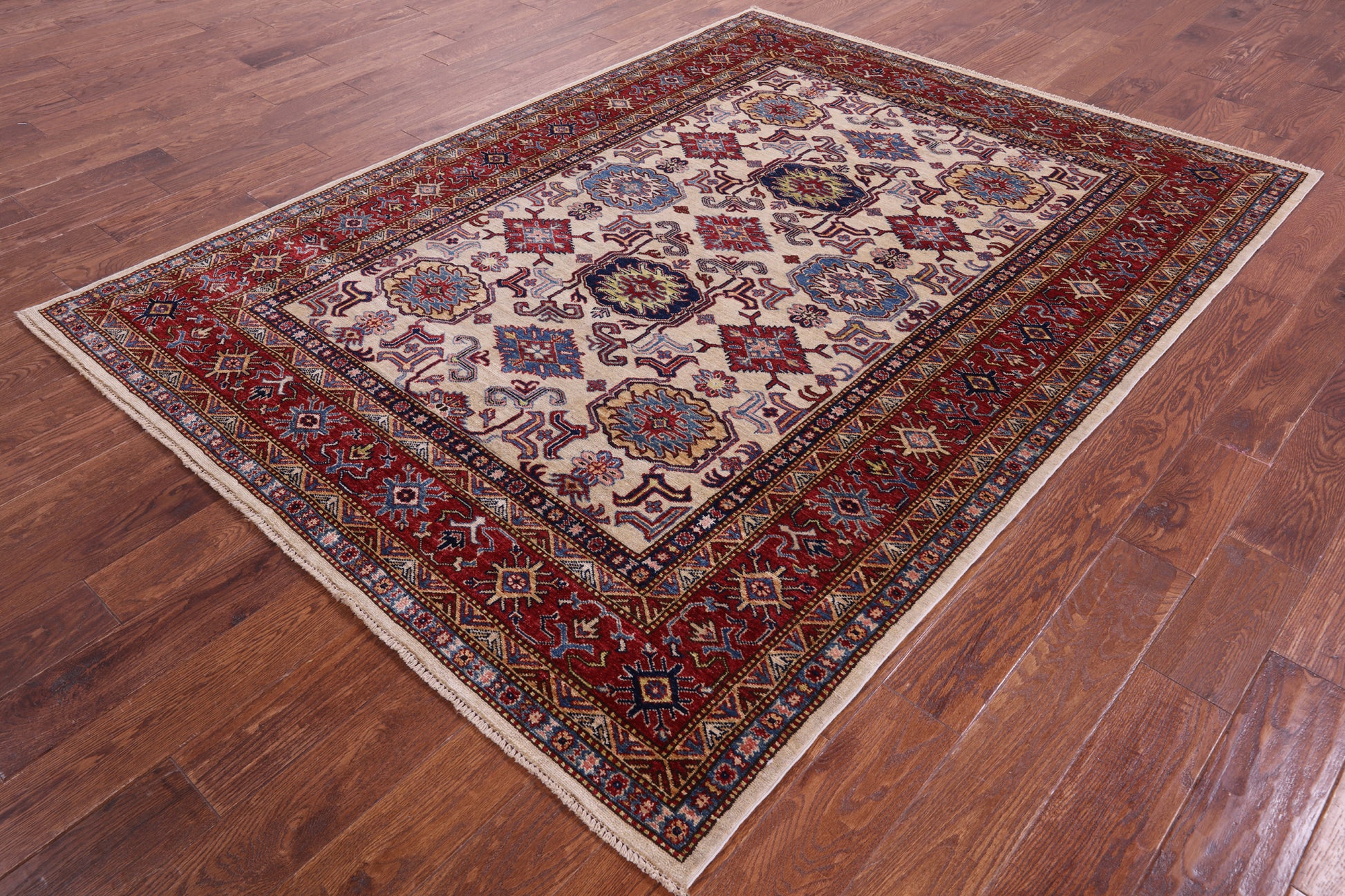 Ivory Super Kazak Hand Knotted Wool Rug - 5' 10" X 7' 9" - Golden Nile