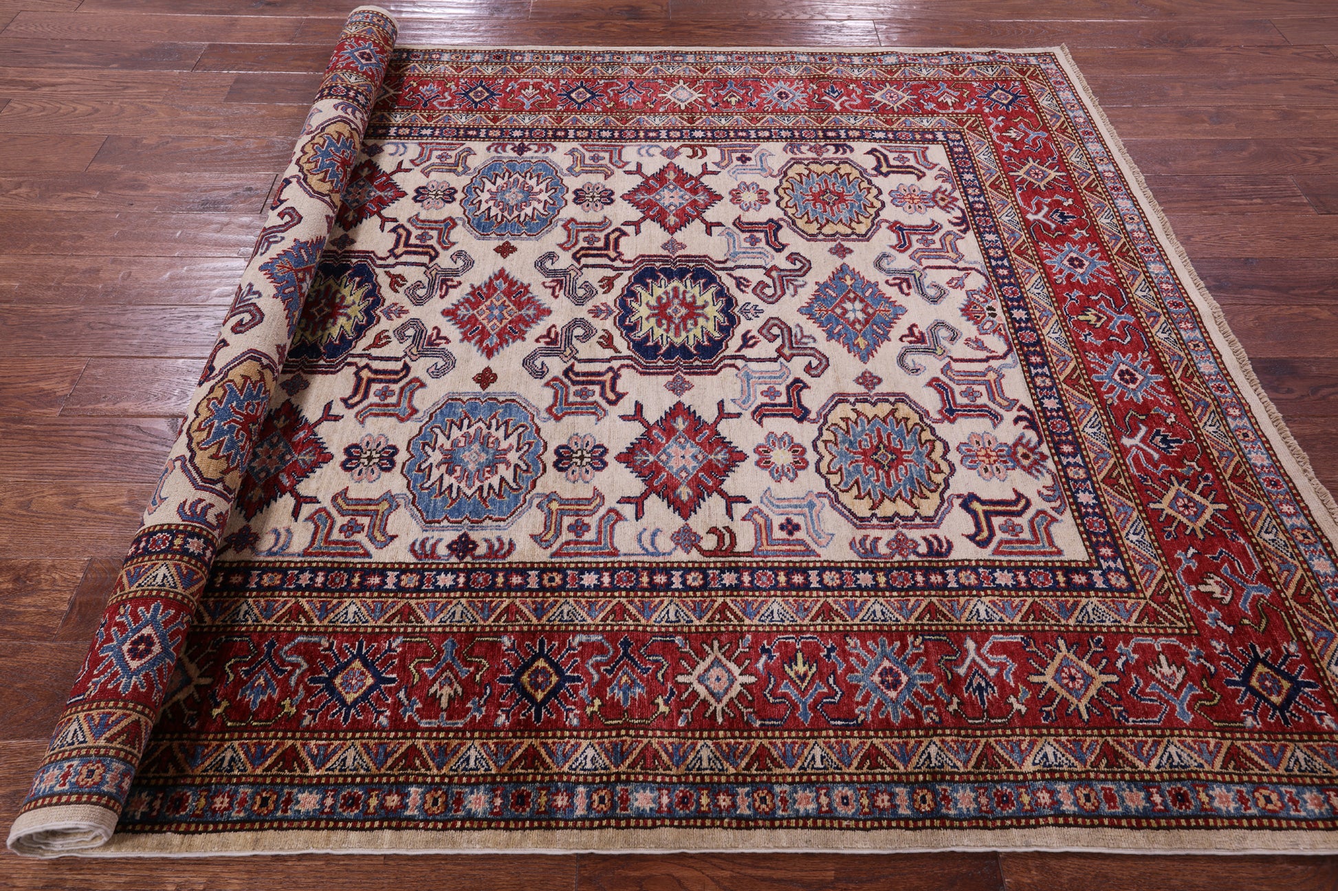 Ivory Super Kazak Hand Knotted Wool Rug - 5' 10" X 7' 9" - Golden Nile