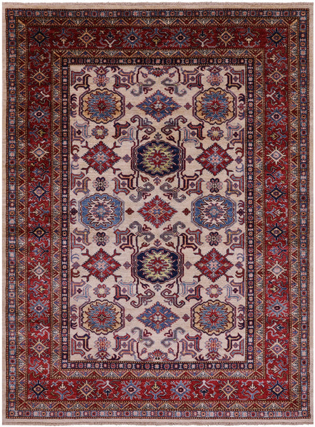 Ivory Super Kazak Hand Knotted Wool Rug - 5' 10" X 7' 9" - Golden Nile