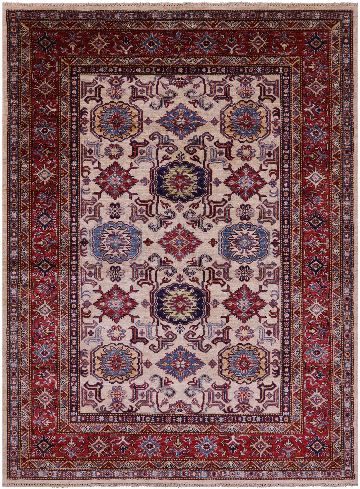 Ivory Super Kazak Hand Knotted Wool Rug - 5' 10" X 7' 9" - Golden Nile