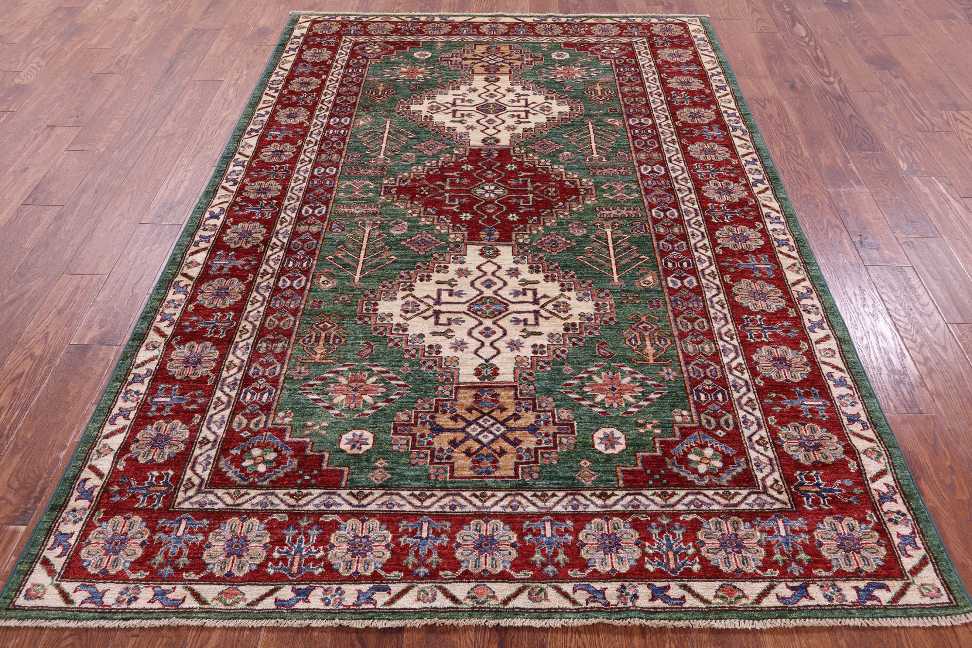 Green Super Kazak Hand Knotted Wool Rug - 5' 10" X 8' 1" - Golden Nile