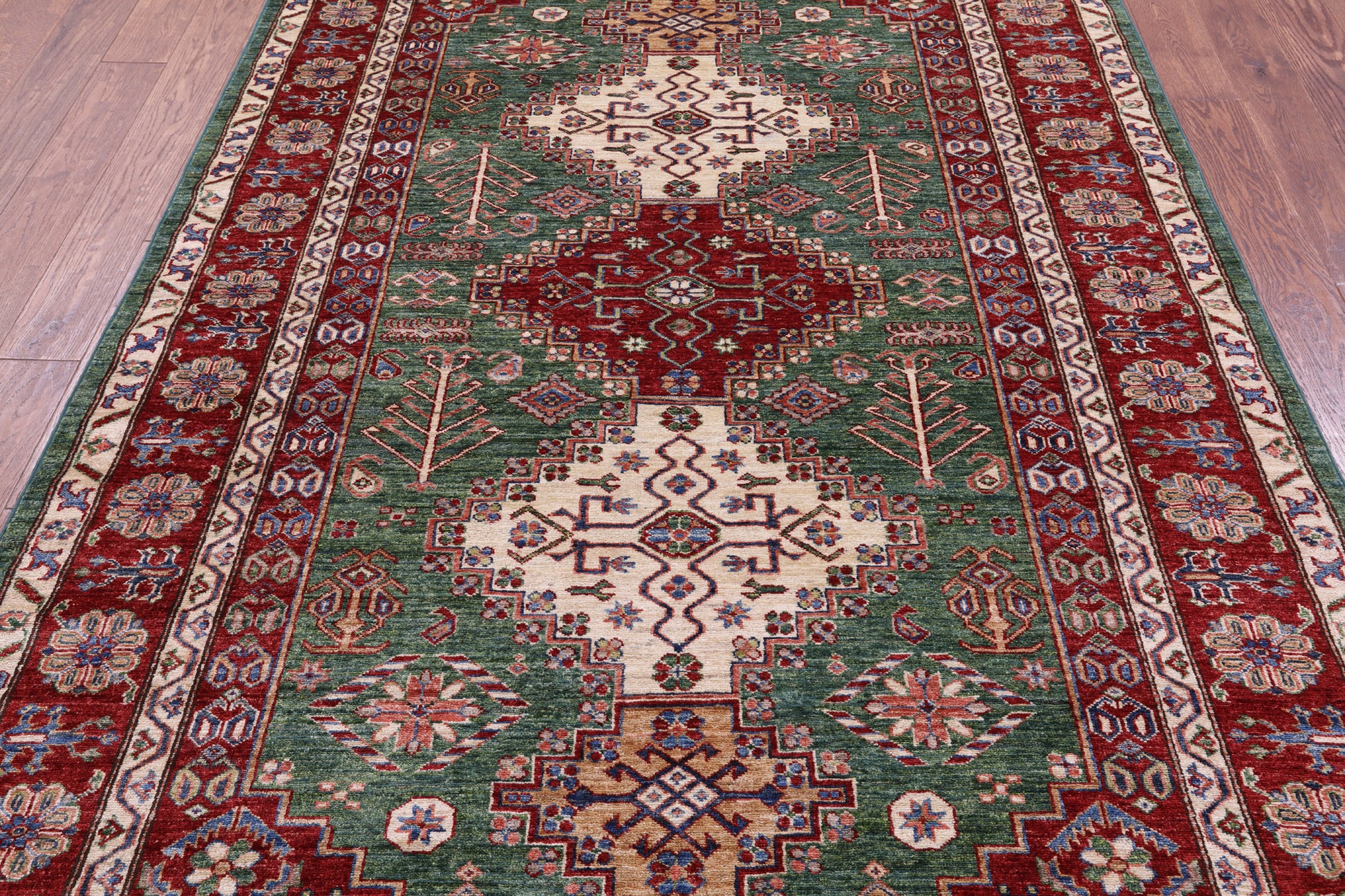 Green Super Kazak Hand Knotted Wool Rug - 5' 10" X 8' 1" - Golden Nile