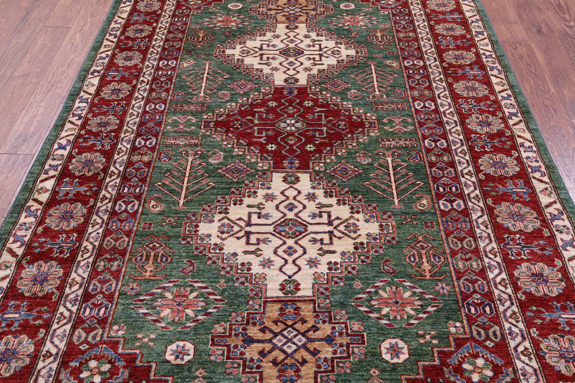 Green Super Kazak Hand Knotted Wool Rug - 5' 10" X 8' 1" - Golden Nile