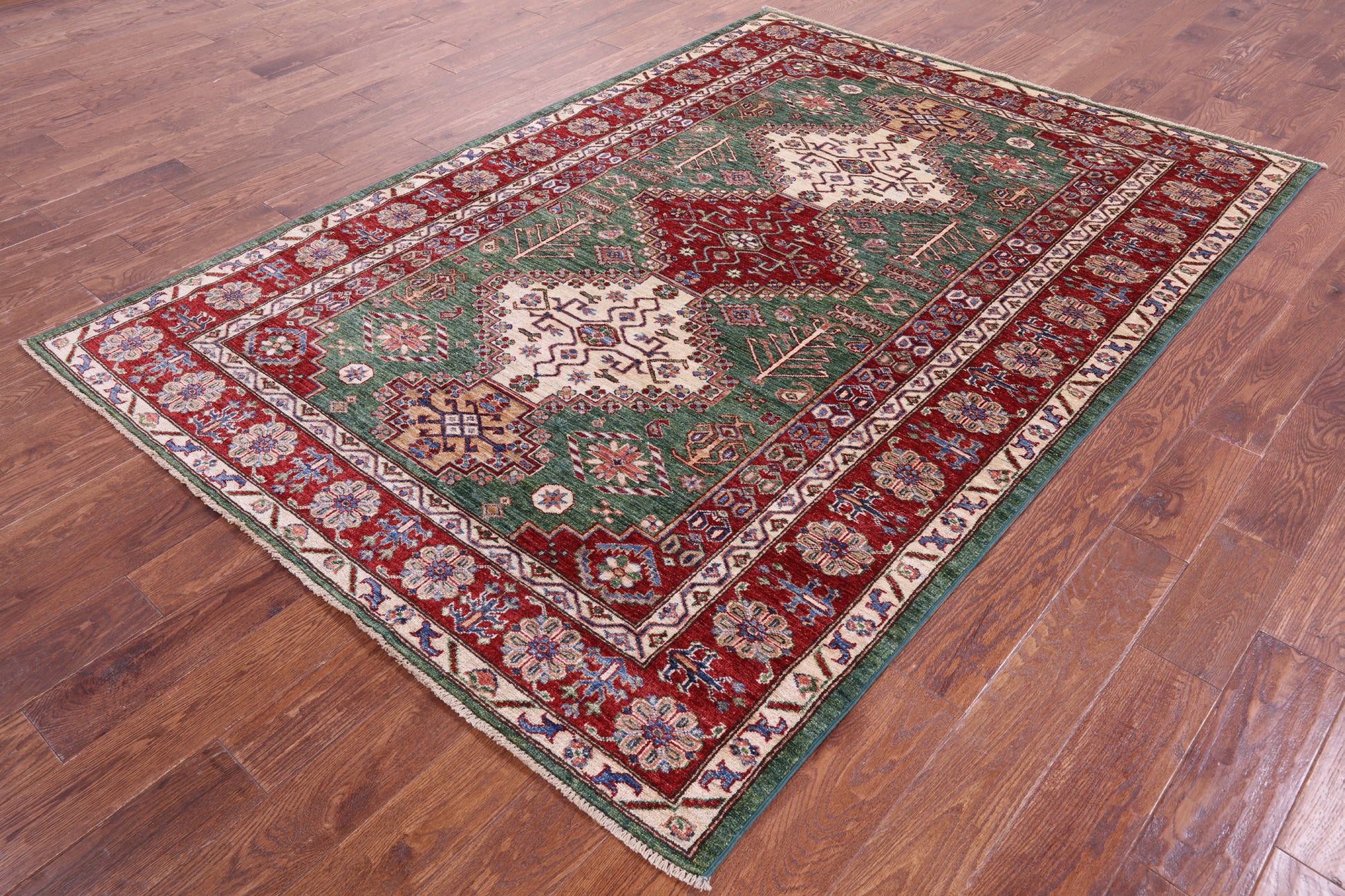 Green Super Kazak Hand Knotted Wool Rug - 5' 10" X 8' 1" - Golden Nile