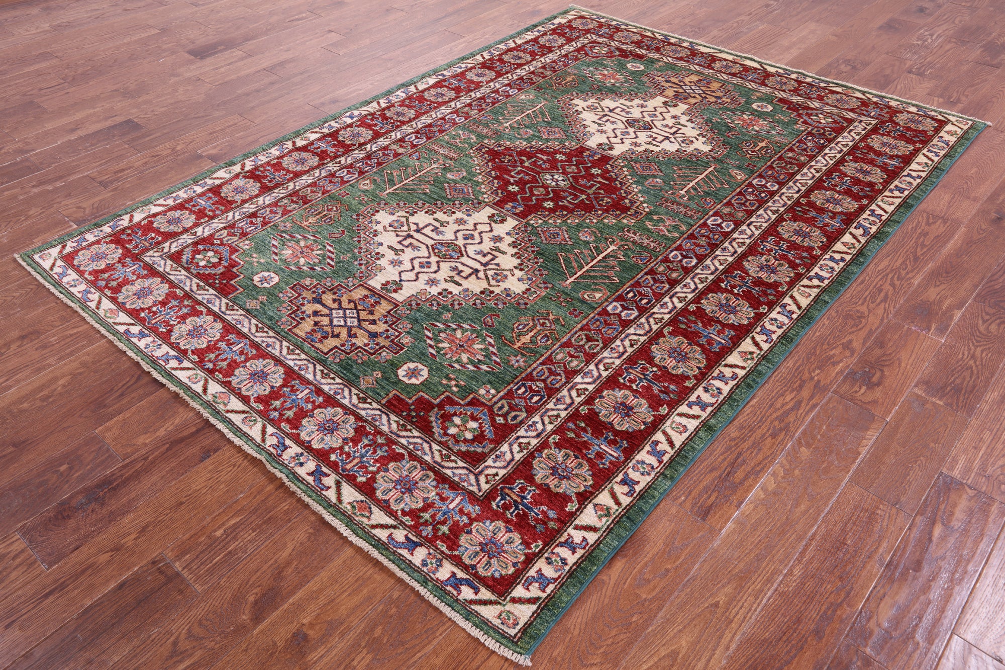 Green Super Kazak Hand Knotted Wool Rug - 5' 10" X 8' 1" - Golden Nile
