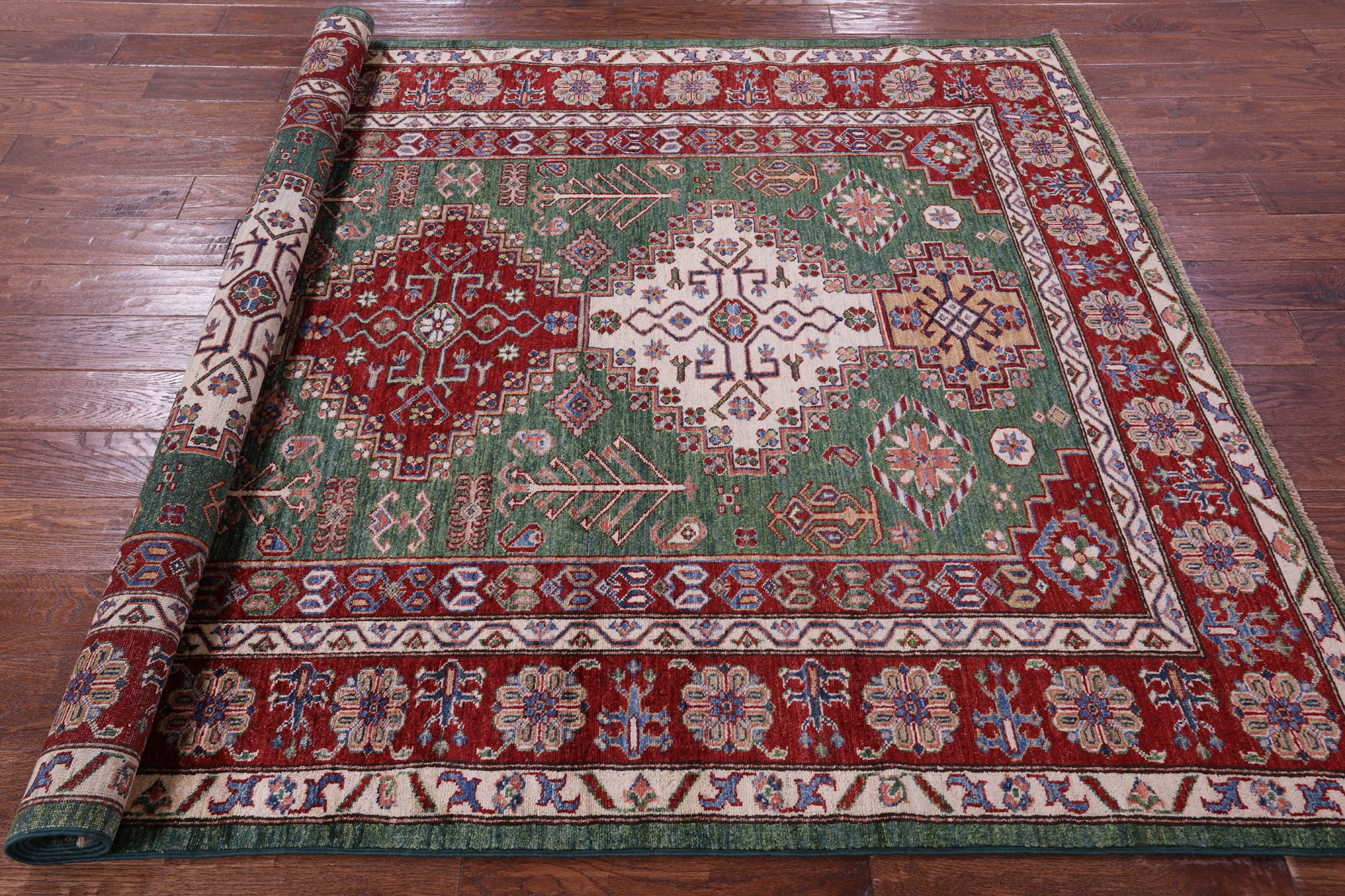 Green Super Kazak Hand Knotted Wool Rug - 5' 10" X 8' 1" - Golden Nile