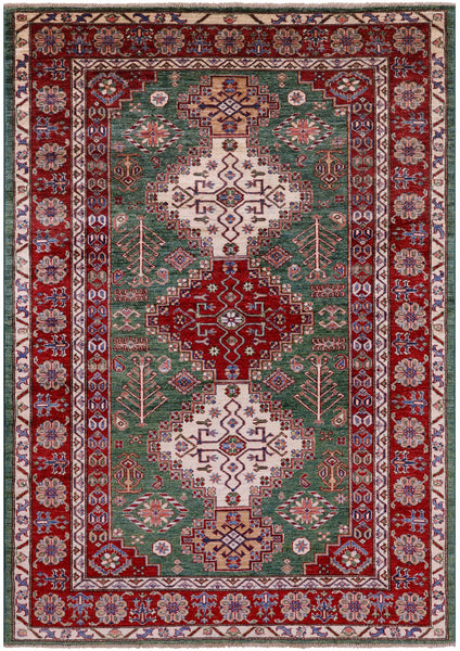 Green Super Kazak Hand Knotted Wool Rug - 5' 10" X 8' 1" - Golden Nile