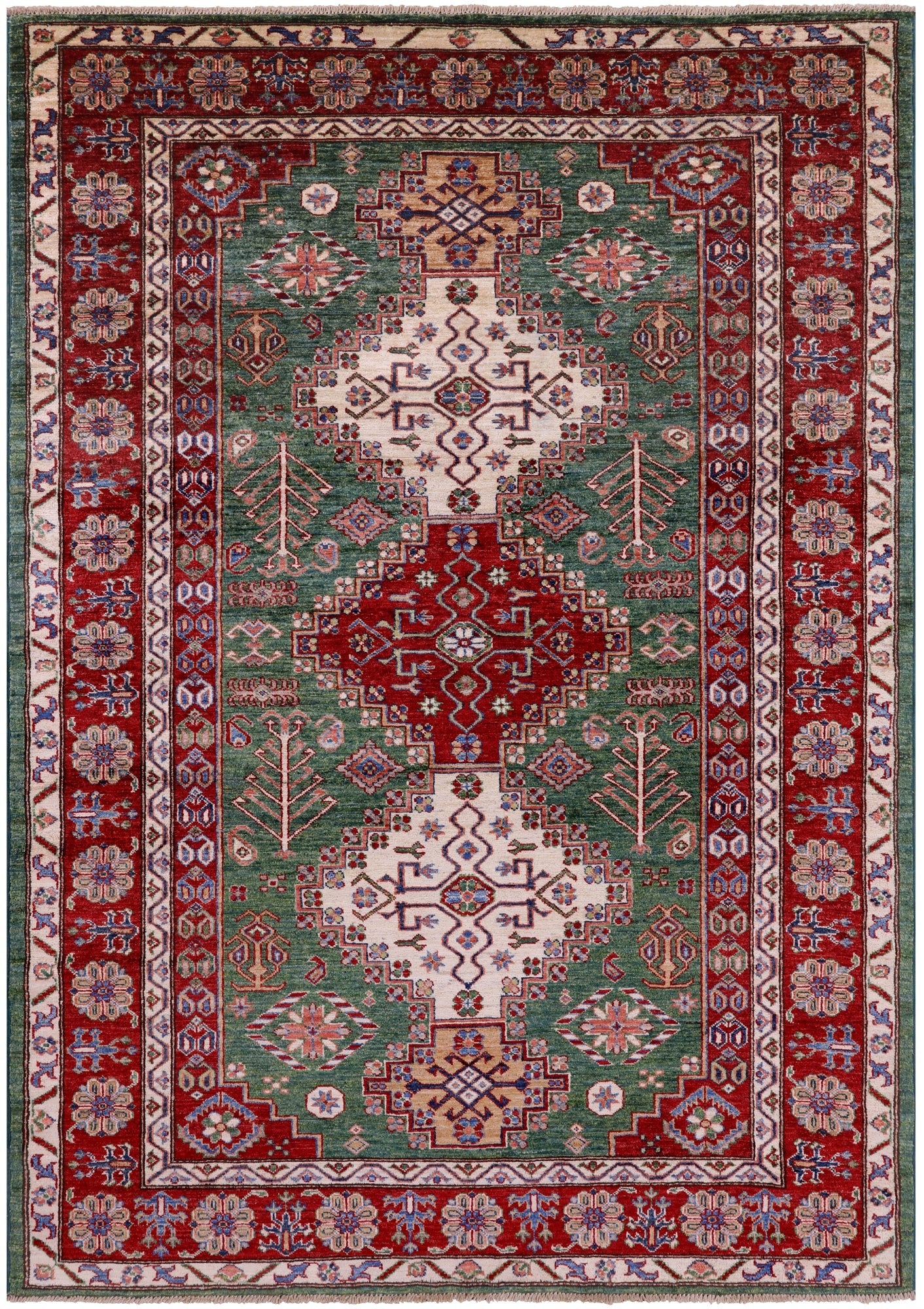 Green Super Kazak Hand Knotted Wool Rug - 5' 10" X 8' 1" - Golden Nile