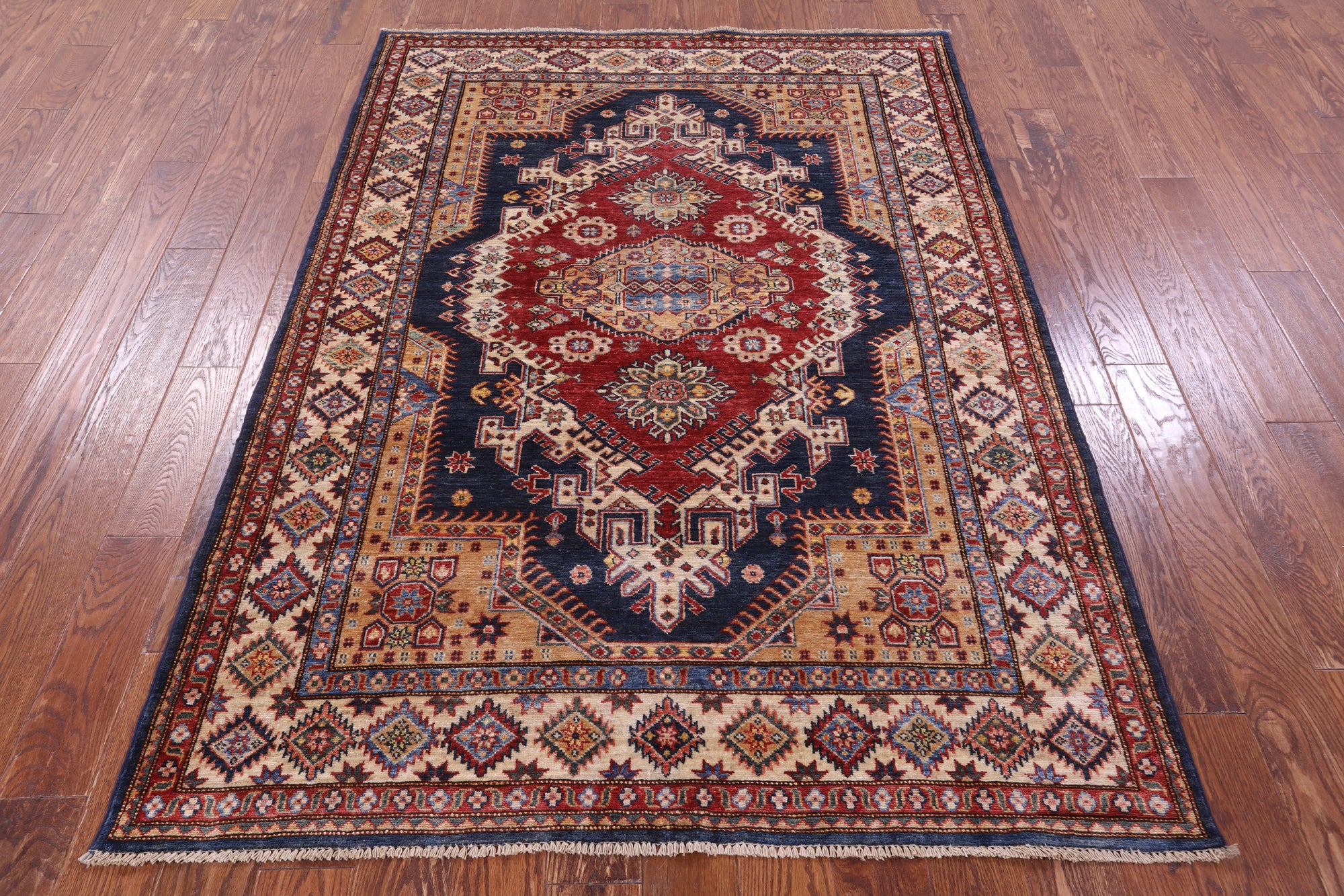 Blue Super Kazak Hand Knotted Wool Rug - 5' 0" X 6' 11" - Golden Nile