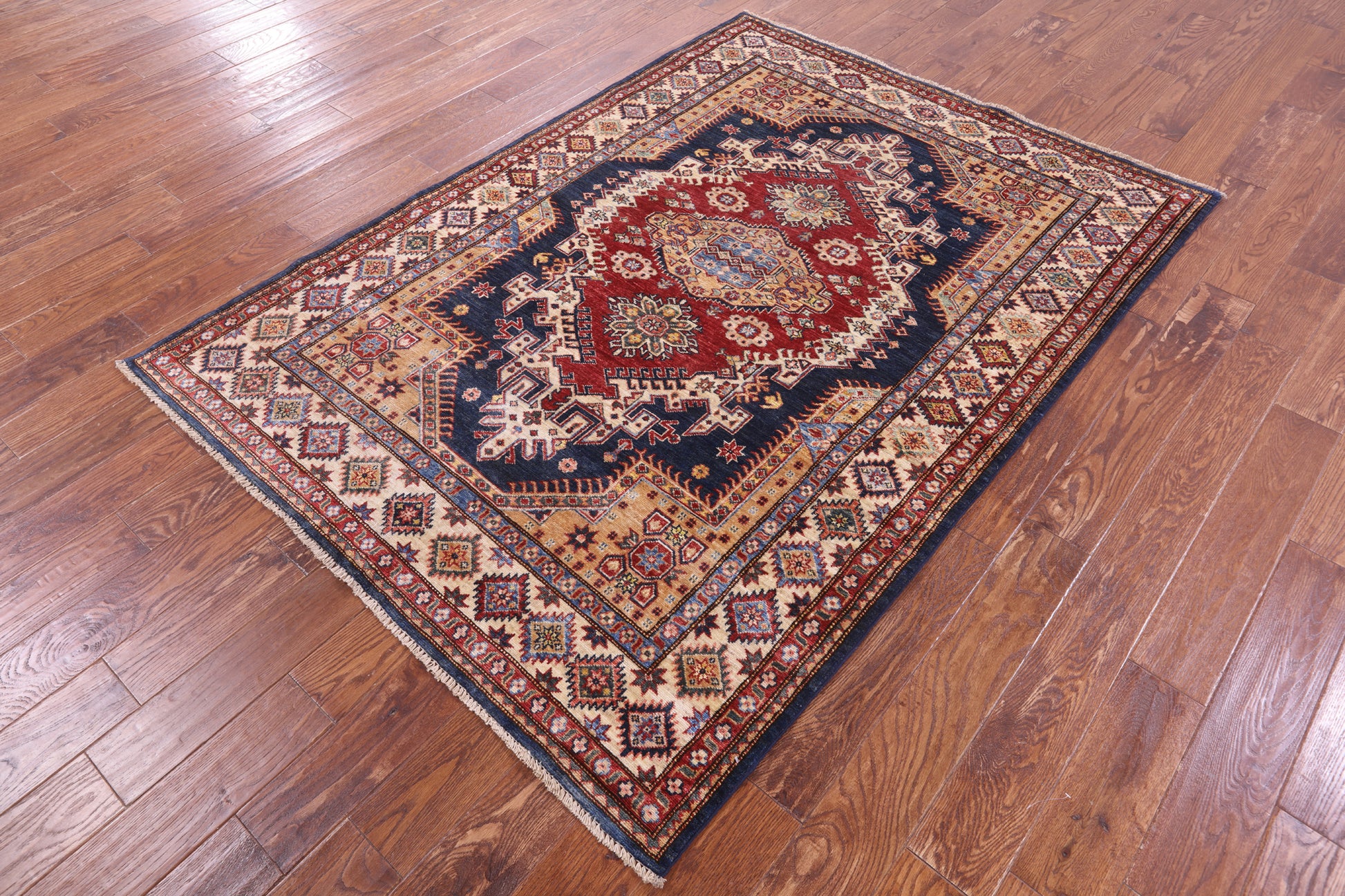 Blue Super Kazak Hand Knotted Wool Rug - 5' 0" X 6' 11" - Golden Nile