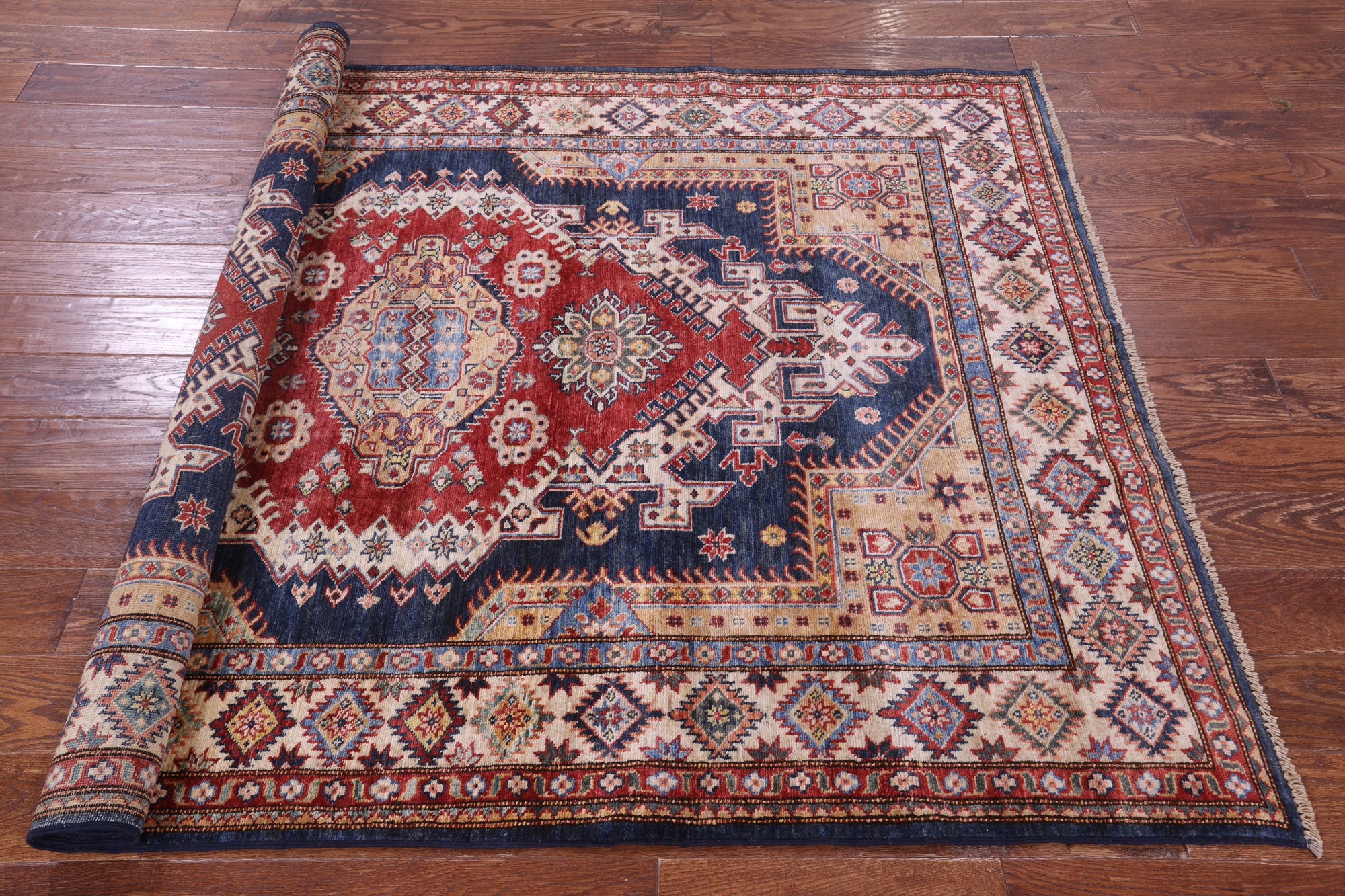 Blue Super Kazak Hand Knotted Wool Rug - 5' 0" X 6' 11" - Golden Nile