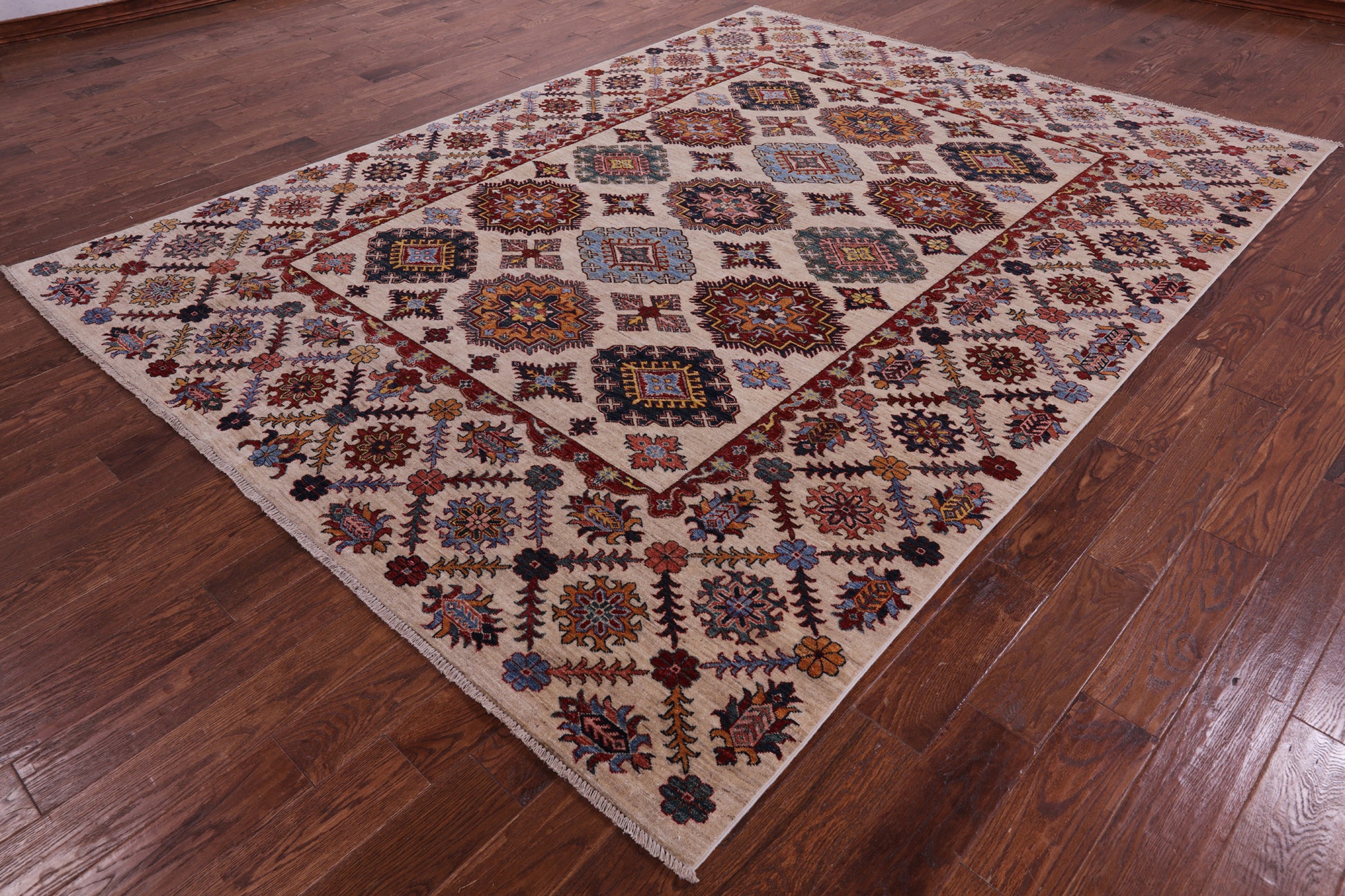 Ivory Super Kazak Hand Knotted Wool Rug - 7' 11" X 10' 4" - Golden Nile