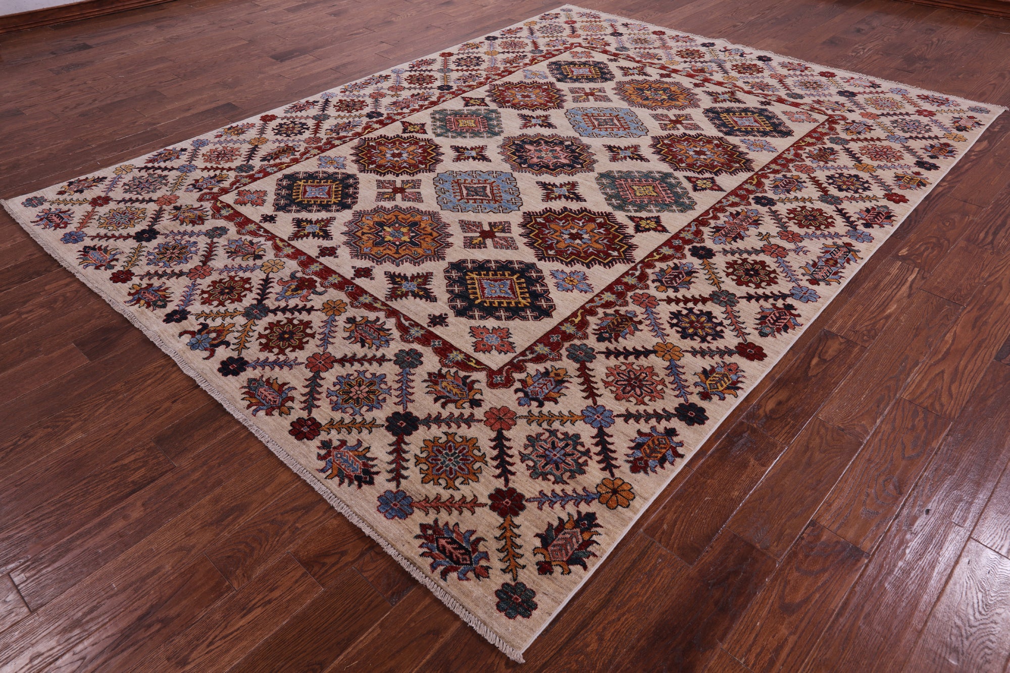 Ivory Super Kazak Hand Knotted Wool Rug - 7' 11" X 10' 4" - Golden Nile