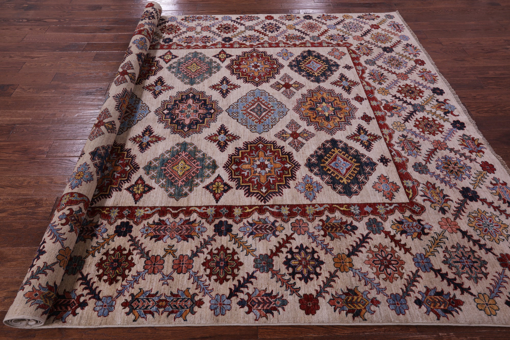 Ivory Super Kazak Hand Knotted Wool Rug - 7' 11" X 10' 4" - Golden Nile