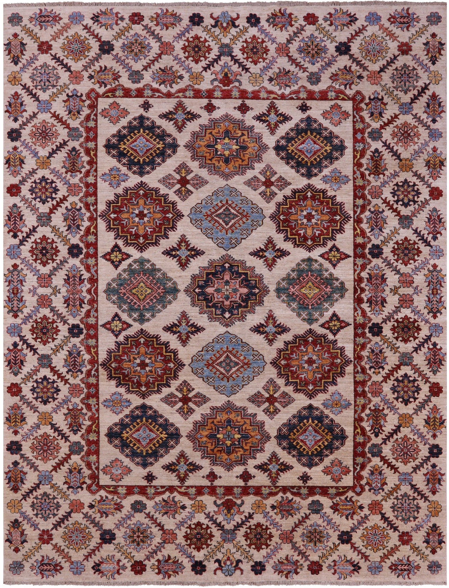 Ivory Super Kazak Hand Knotted Wool Rug - 7' 11" X 10' 4" - Golden Nile
