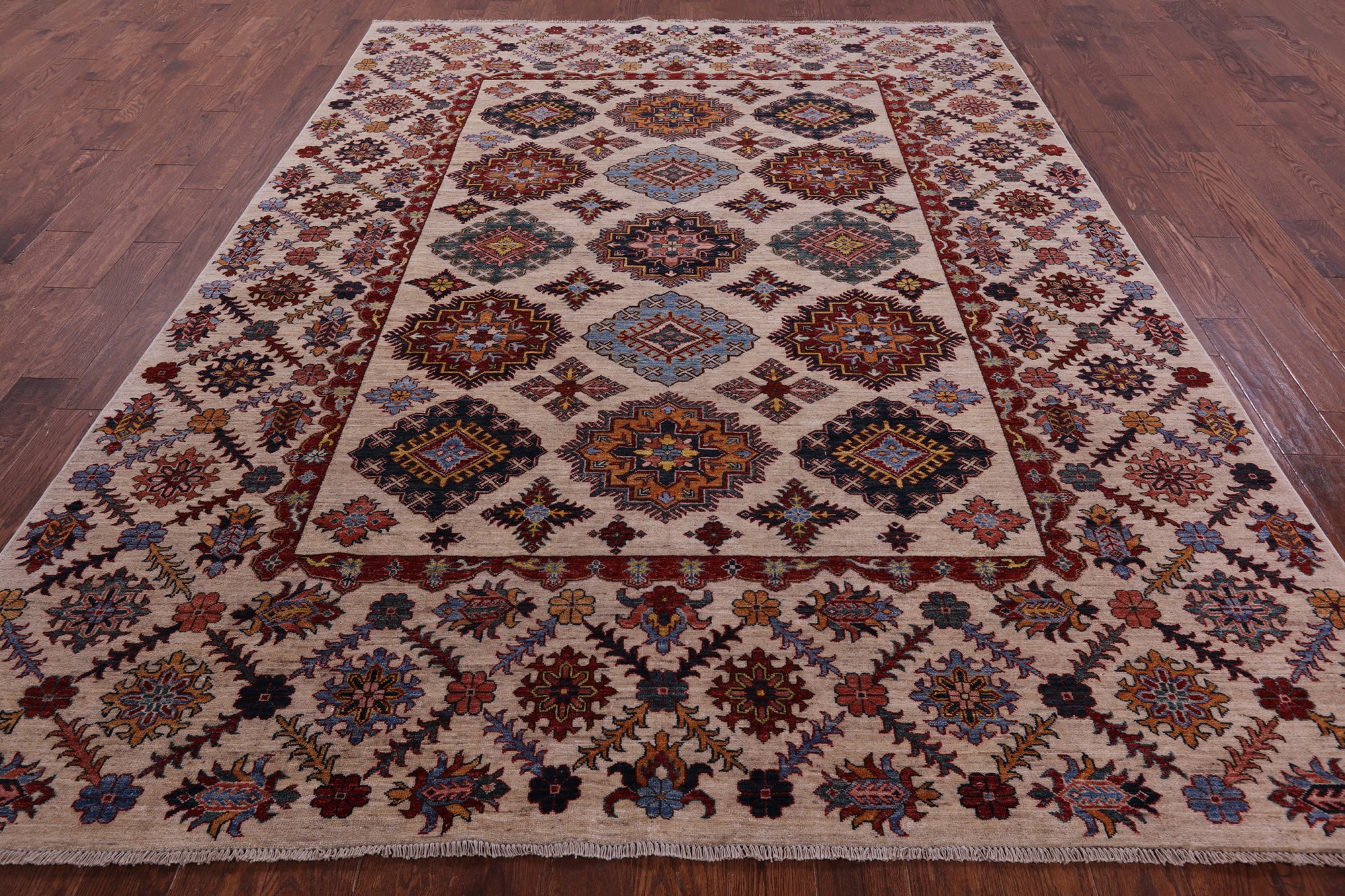 Ivory Super Kazak Hand Knotted Wool Rug - 7' 11" X 10' 4" - Golden Nile