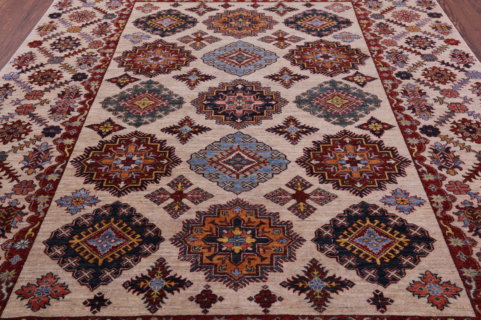 Ivory Super Kazak Hand Knotted Wool Rug - 7' 11" X 10' 4" - Golden Nile
