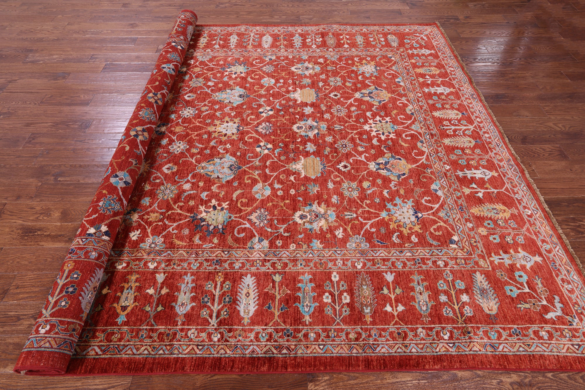 Red Peshawar Hand Knotted Wool Rug - 8' 8" X 11' 9" - Golden Nile
