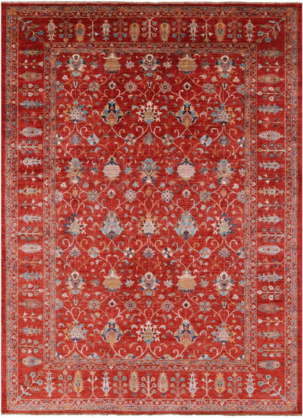 Red Peshawar Hand Knotted Wool Rug - 8' 8" X 11' 9" - Golden Nile