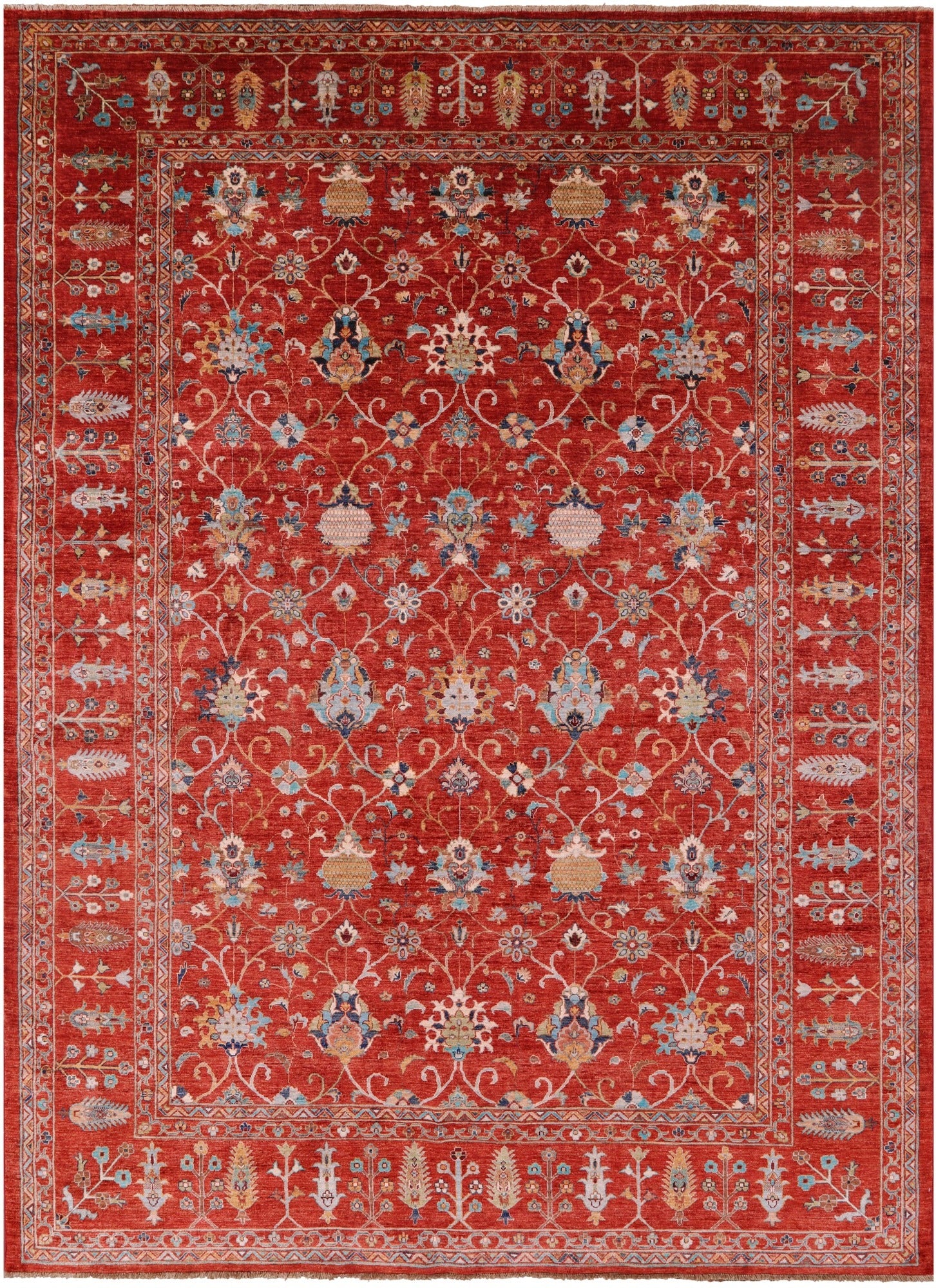 Red Peshawar Hand Knotted Wool Rug - 8' 8" X 11' 9" - Golden Nile