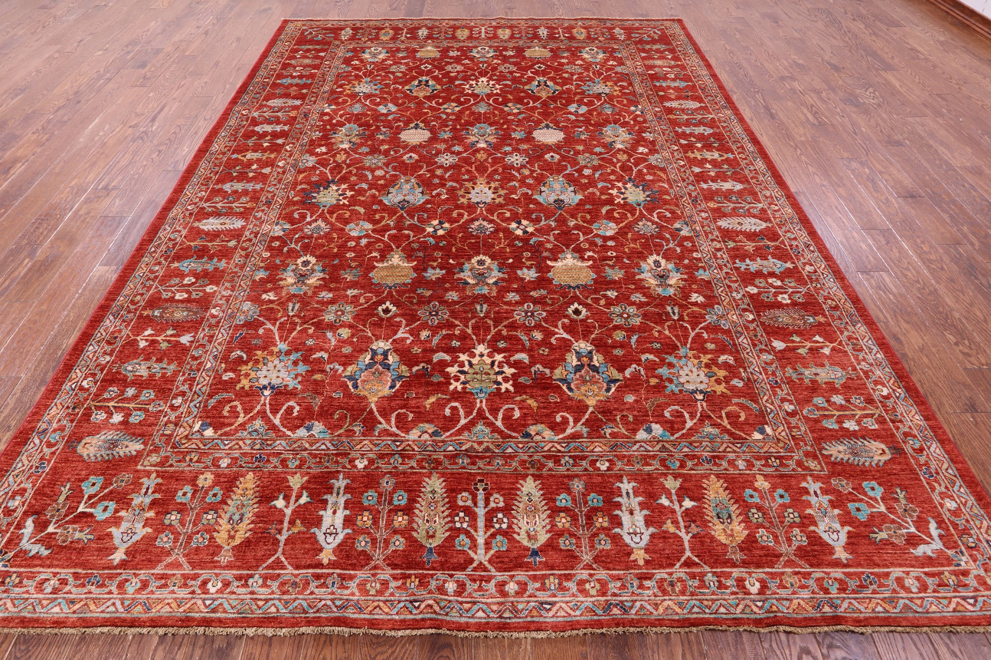 Red Peshawar Hand Knotted Wool Rug - 8' 8" X 11' 9" - Golden Nile