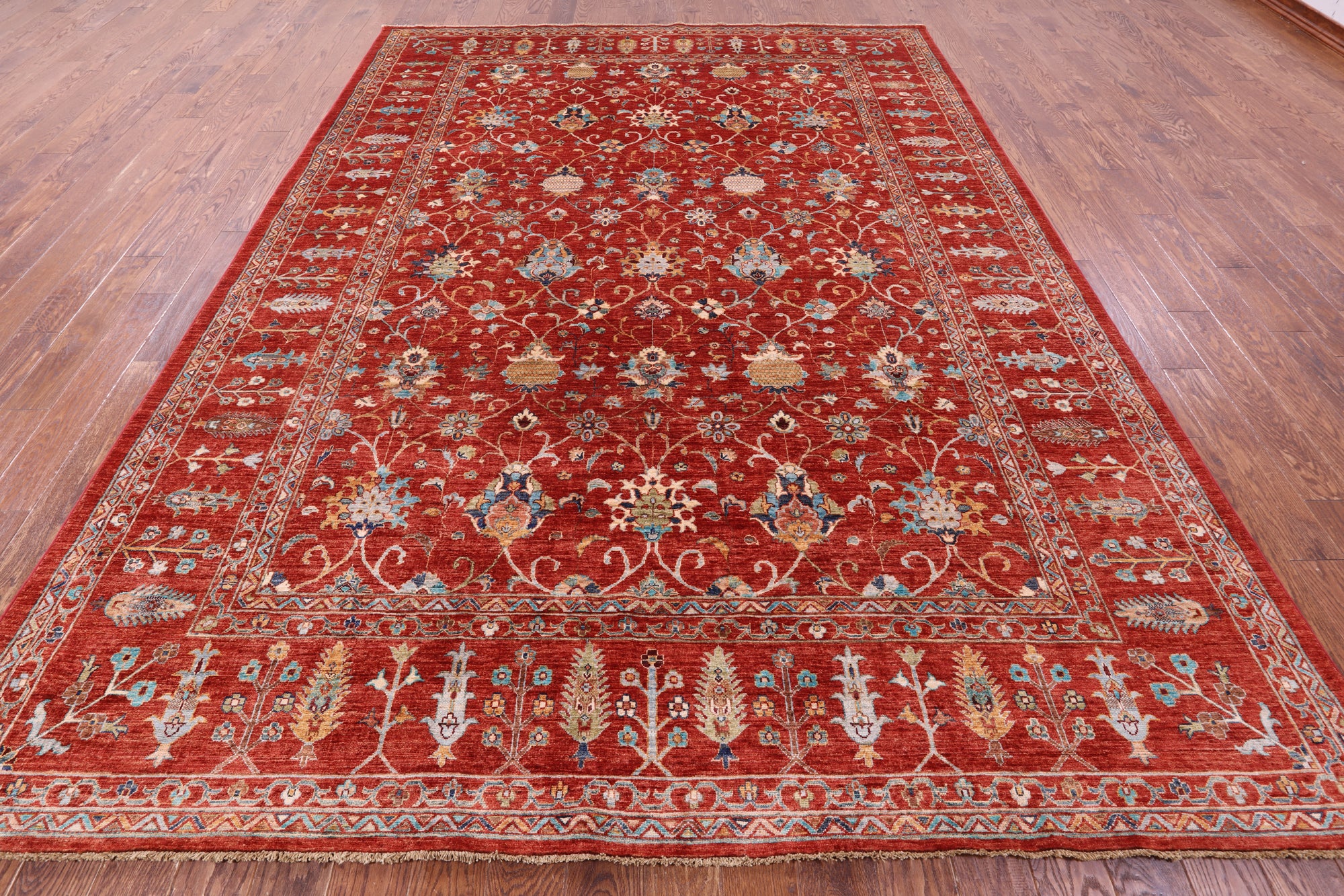Red Peshawar Hand Knotted Wool Rug - 8' 8" X 11' 9" - Golden Nile