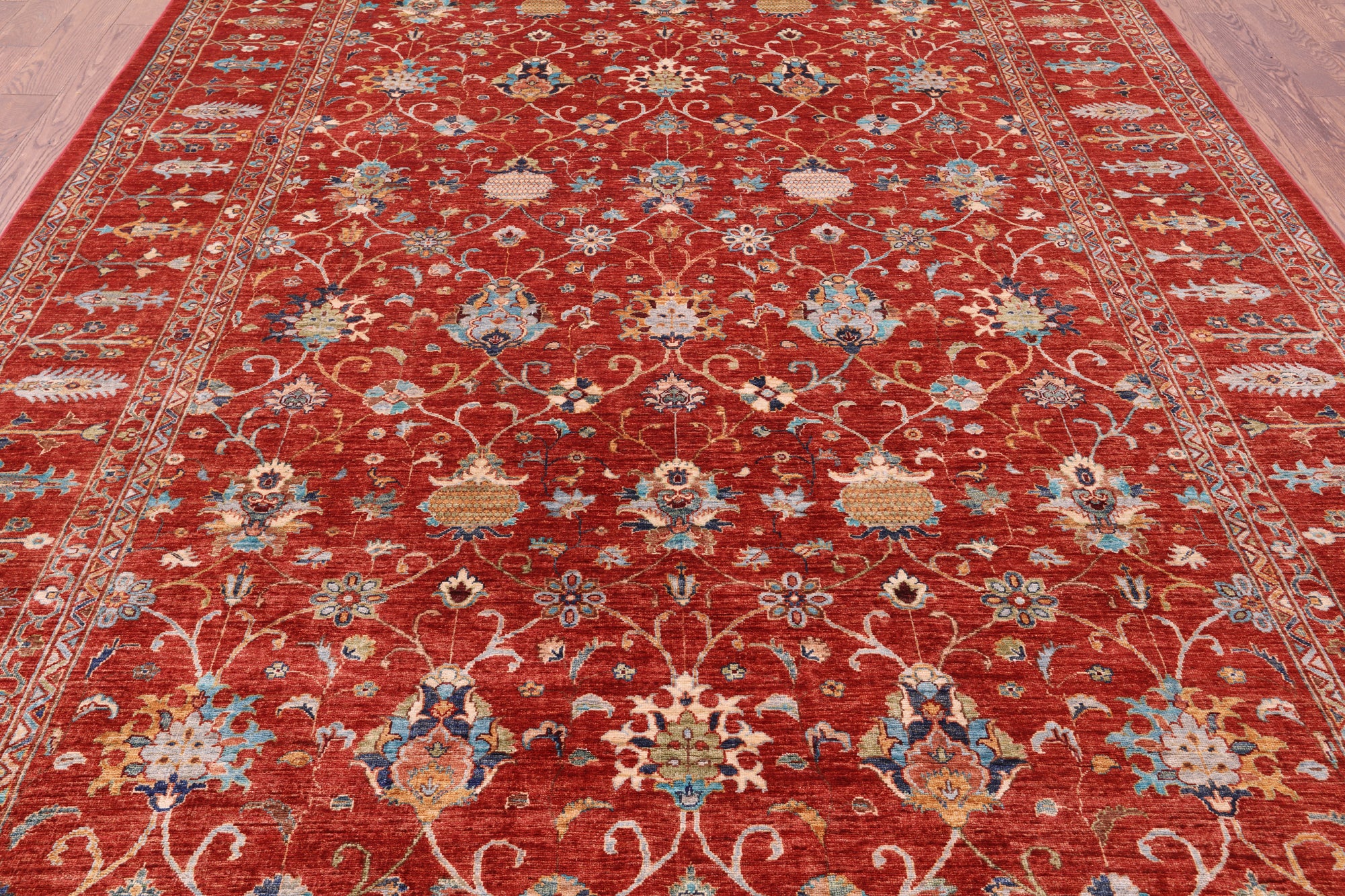 Red Peshawar Hand Knotted Wool Rug - 8' 8" X 11' 9" - Golden Nile