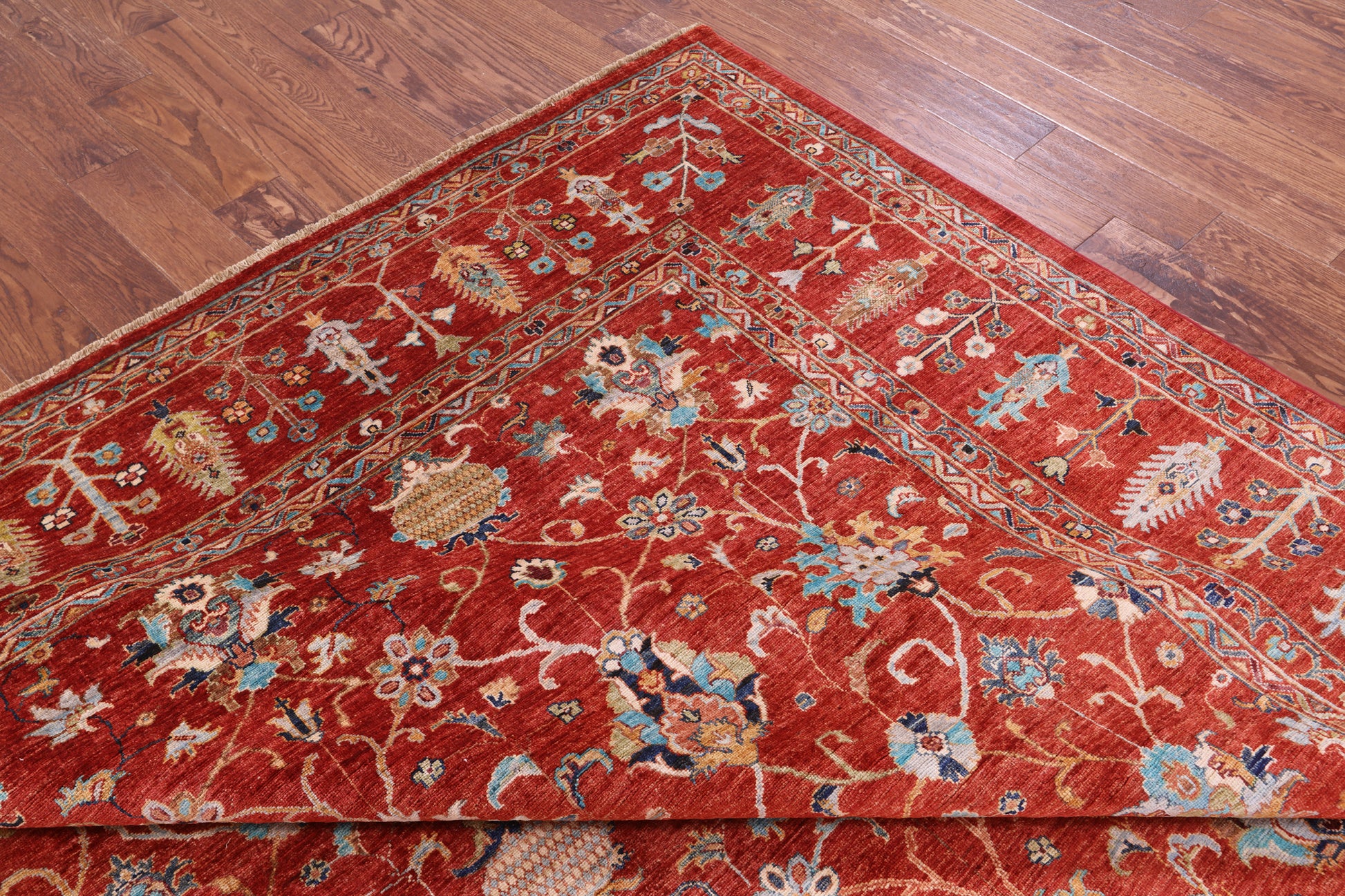 Red Peshawar Hand Knotted Wool Rug - 8' 8" X 11' 9" - Golden Nile
