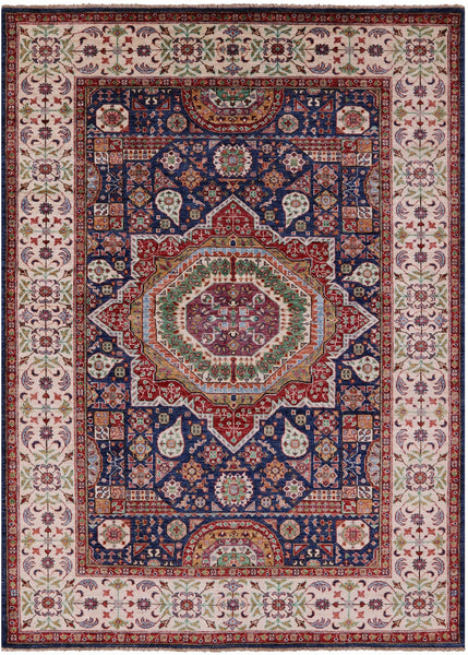 Blue Geometric Persian Mamluk Hand Knotted Wool Rug - 5' 8" X 7' 9" - Golden Nile