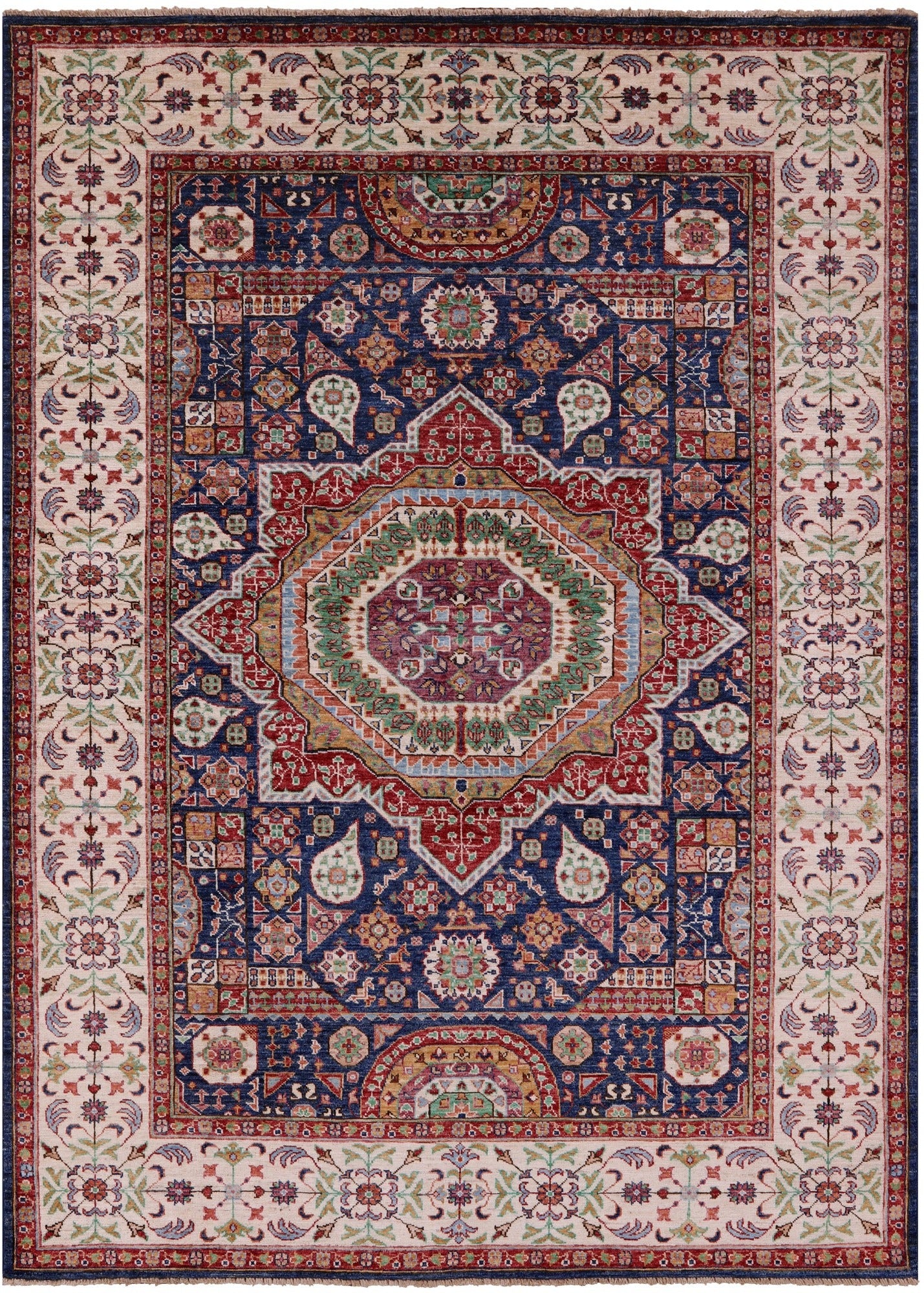 Blue Geometric Persian Mamluk Hand Knotted Wool Rug - 5' 8" X 7' 9" - Golden Nile