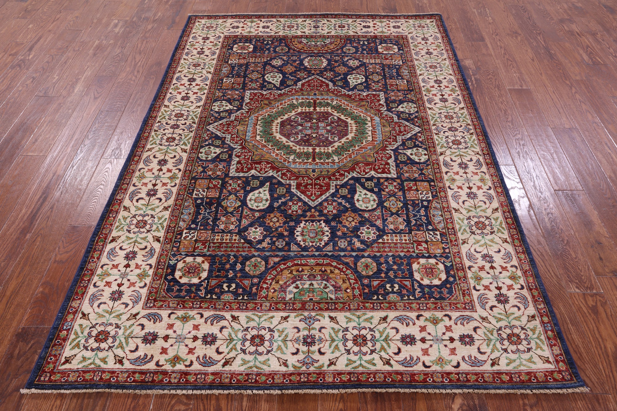 Blue Geometric Persian Mamluk Hand Knotted Wool Rug - 5' 8" X 7' 9" - Golden Nile