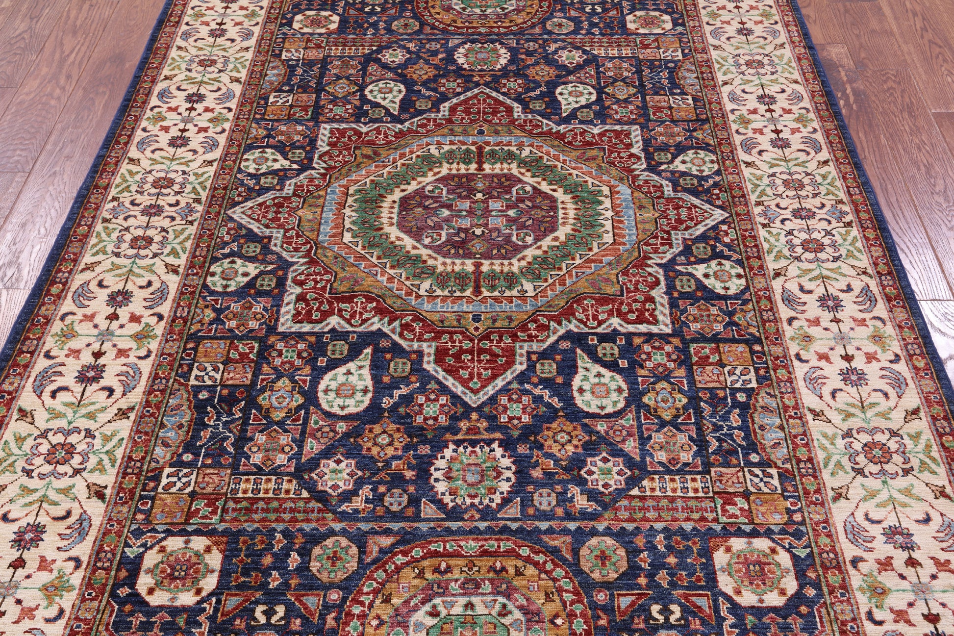 Blue Geometric Persian Mamluk Hand Knotted Wool Rug - 5' 8" X 7' 9" - Golden Nile