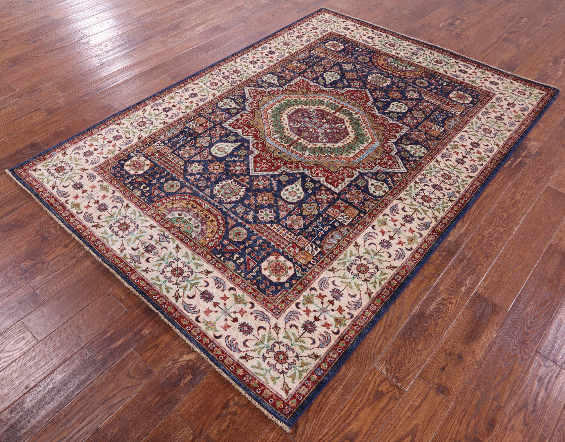 Blue Geometric Persian Mamluk Hand Knotted Wool Rug - 5' 8" X 7' 9" - Golden Nile