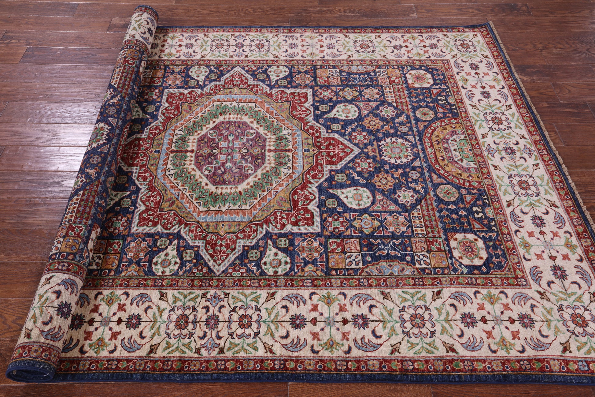 Blue Geometric Persian Mamluk Hand Knotted Wool Rug - 5' 8" X 7' 9" - Golden Nile