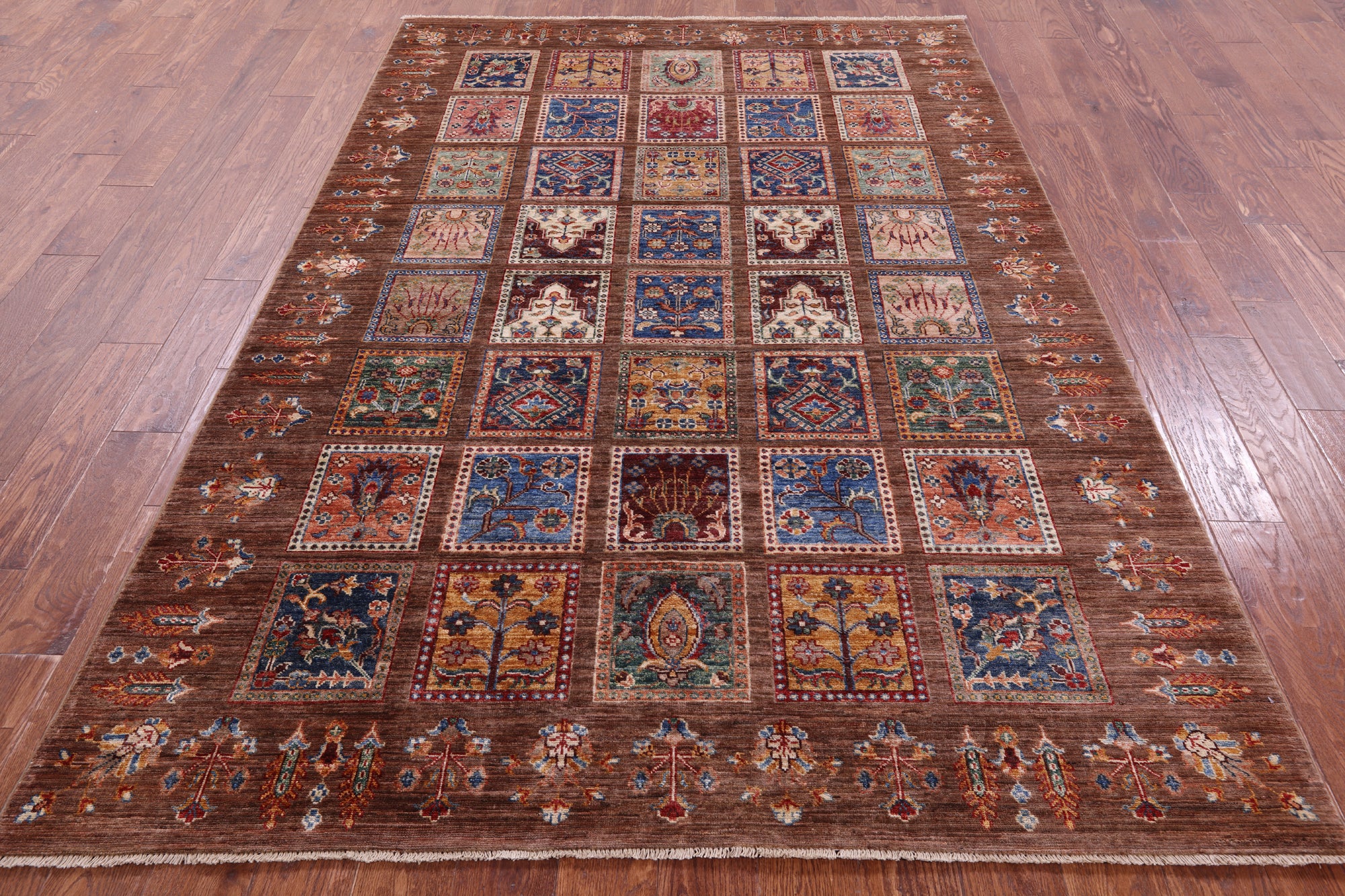 Brown Garden Design Persian Hand Knotted Wool Rug - 5' 9" X 8' 4" - Golden Nile
