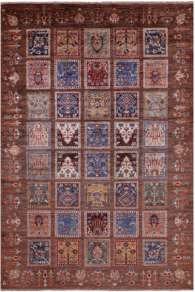 Brown Garden Design Persian Hand Knotted Wool Rug - 5' 9" X 8' 4" - Golden Nile