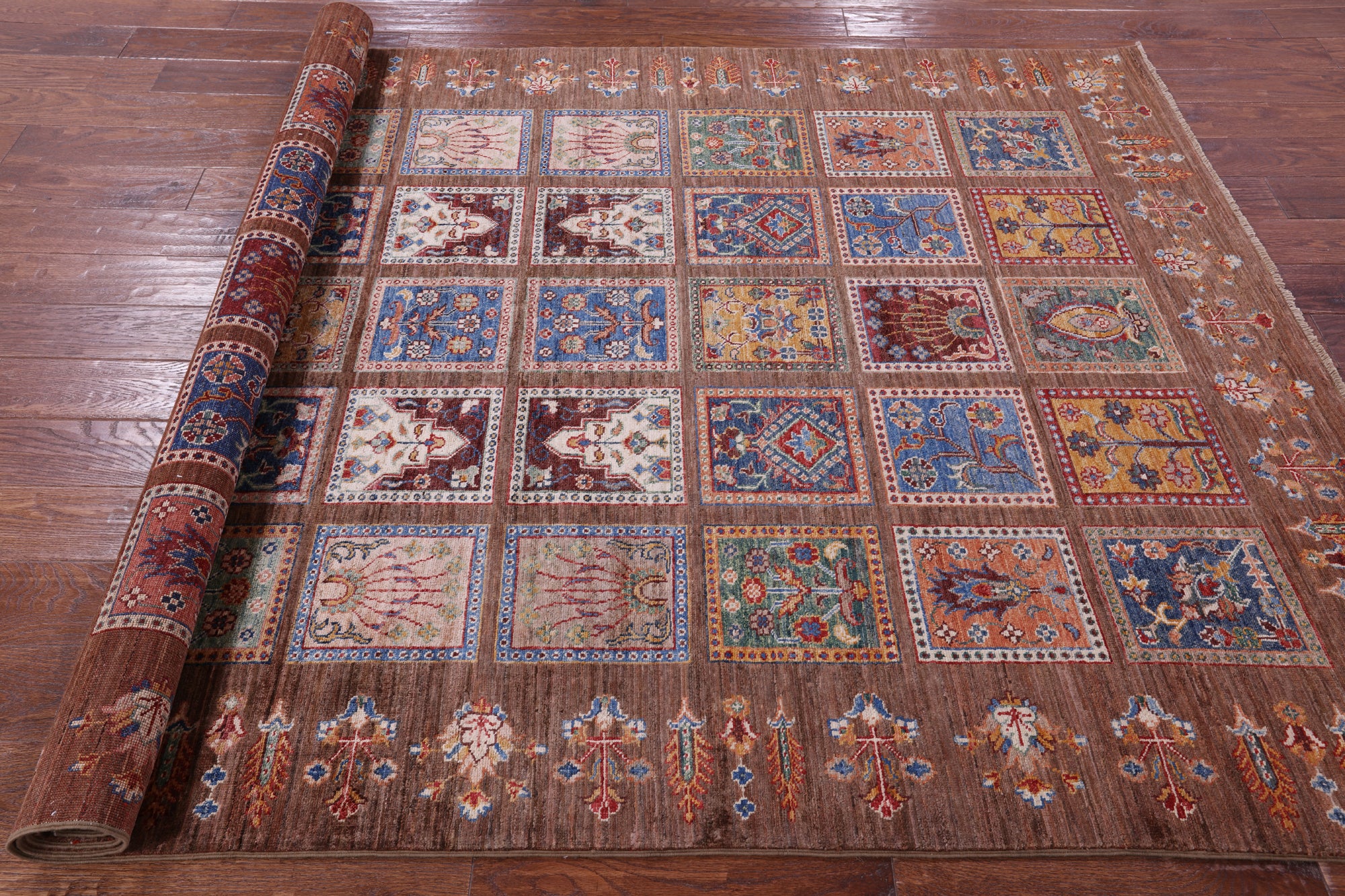 Brown Garden Design Persian Hand Knotted Wool Rug - 5' 9" X 8' 4" - Golden Nile