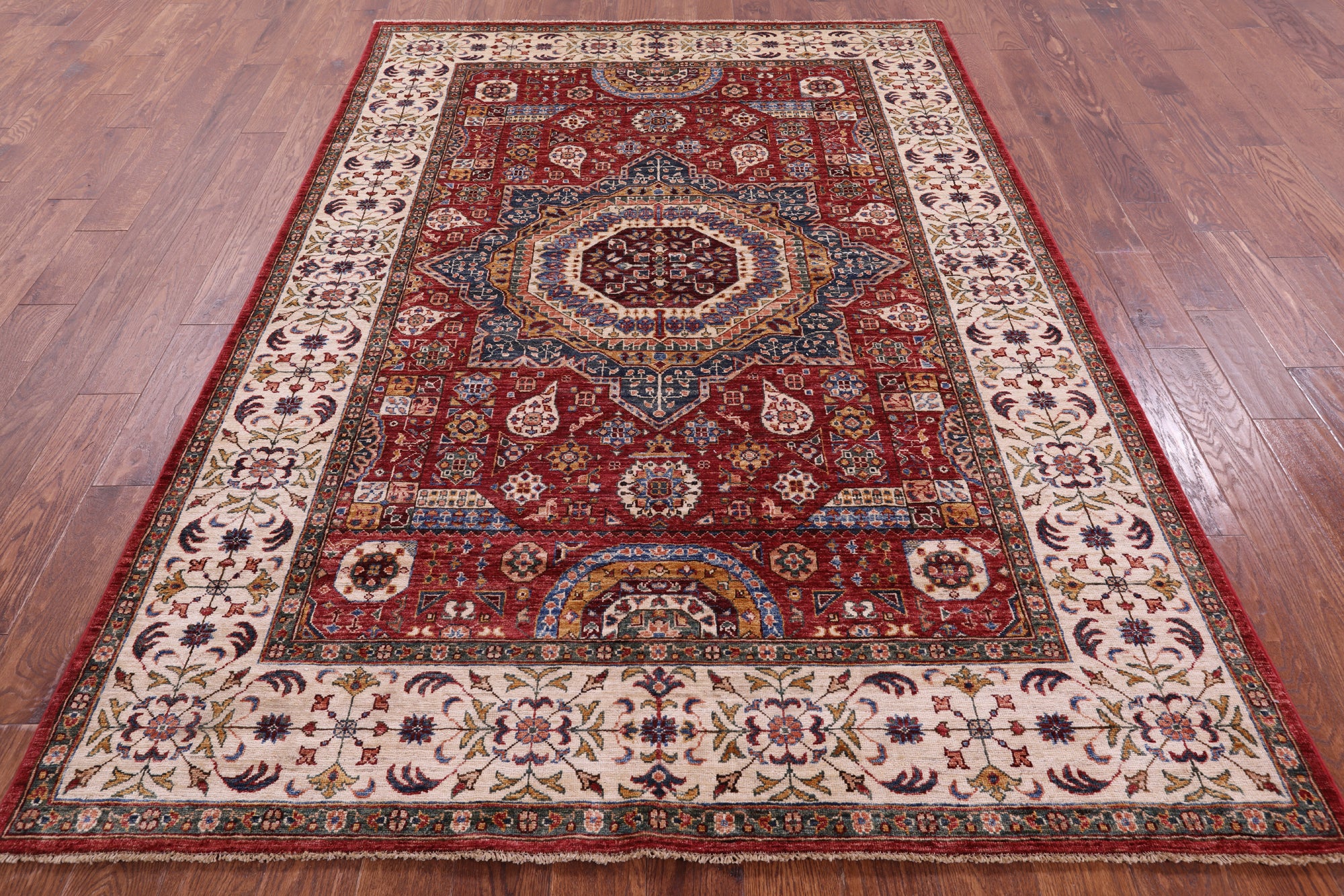 Red Geometric Persian Mamluk Hand Knotted Wool Rug - 6' 0" X 8' 6" - Golden Nile