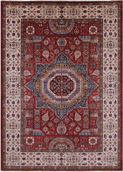 Red Geometric Persian Mamluk Hand Knotted Wool Rug - 6' 0" X 8' 6" - Golden Nile