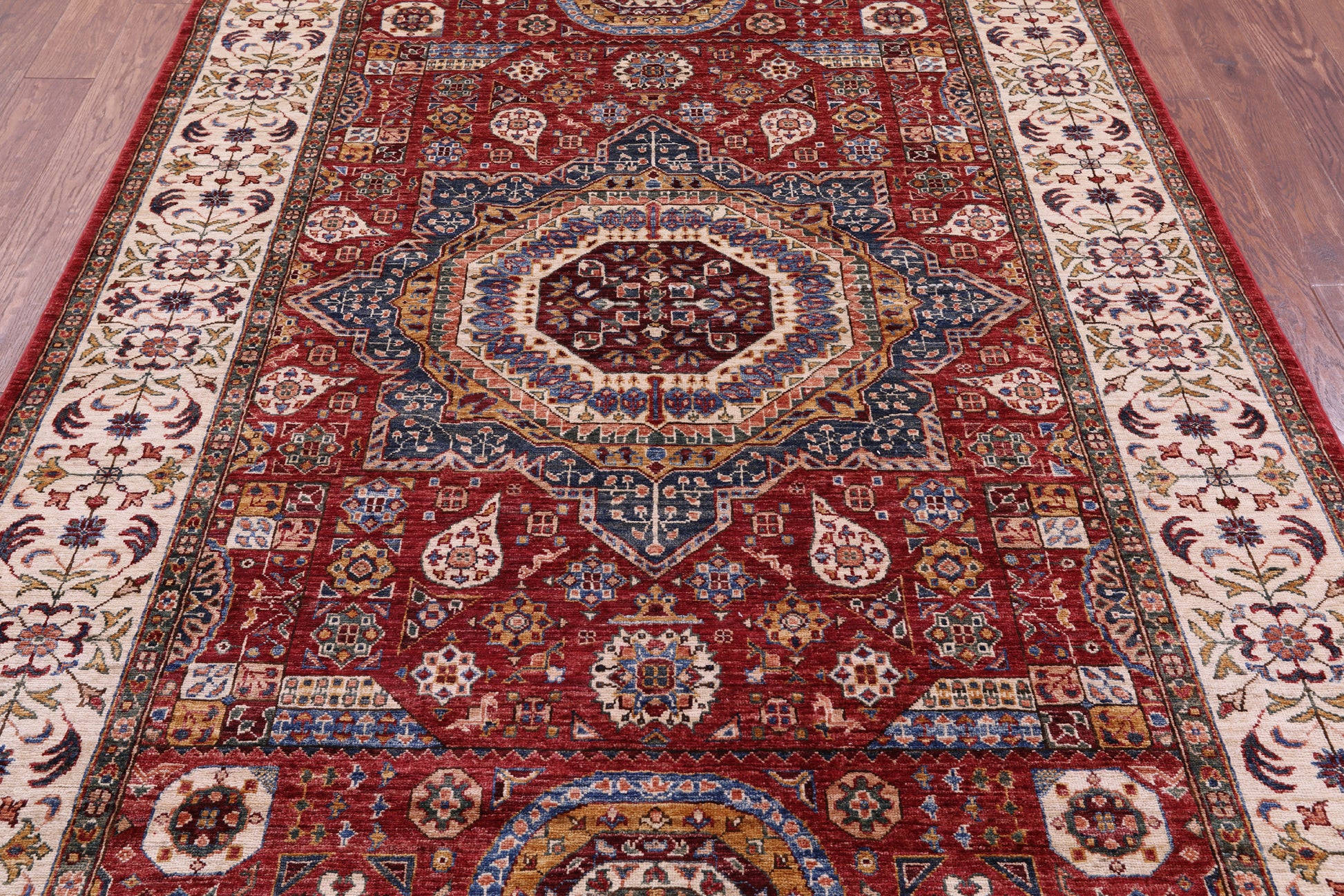 Red Geometric Persian Mamluk Hand Knotted Wool Rug - 6' 0" X 8' 6" - Golden Nile
